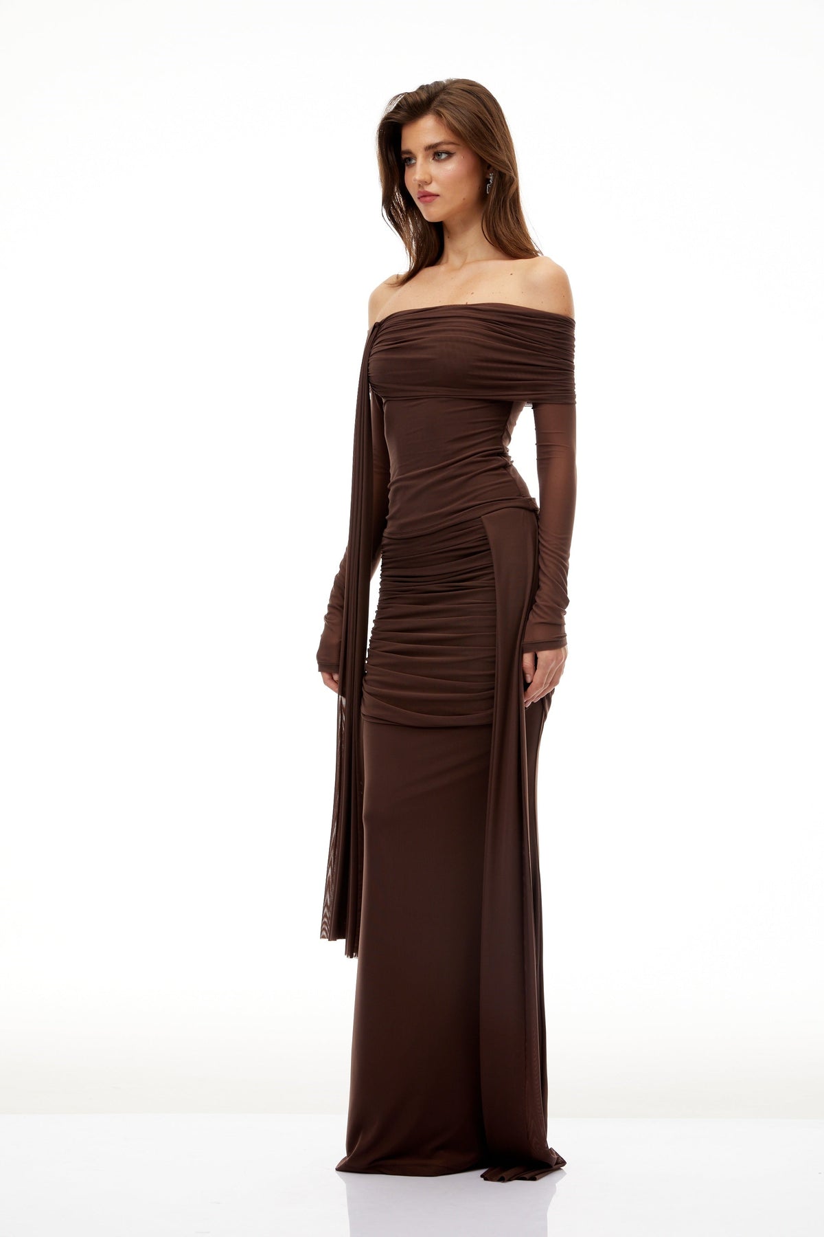 Hyacinthe Brown Asymmetrical Ruched Top & Skirt Set