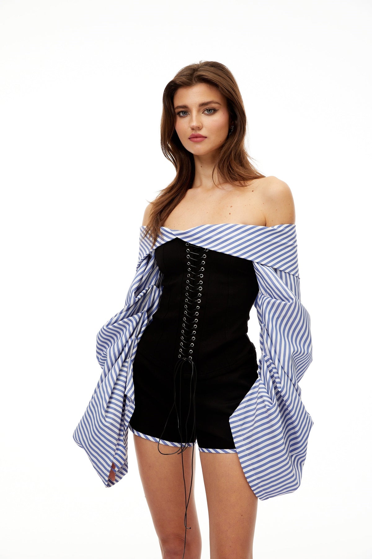 Nathalie Black Stripe Panel Blouse & Shorts Set