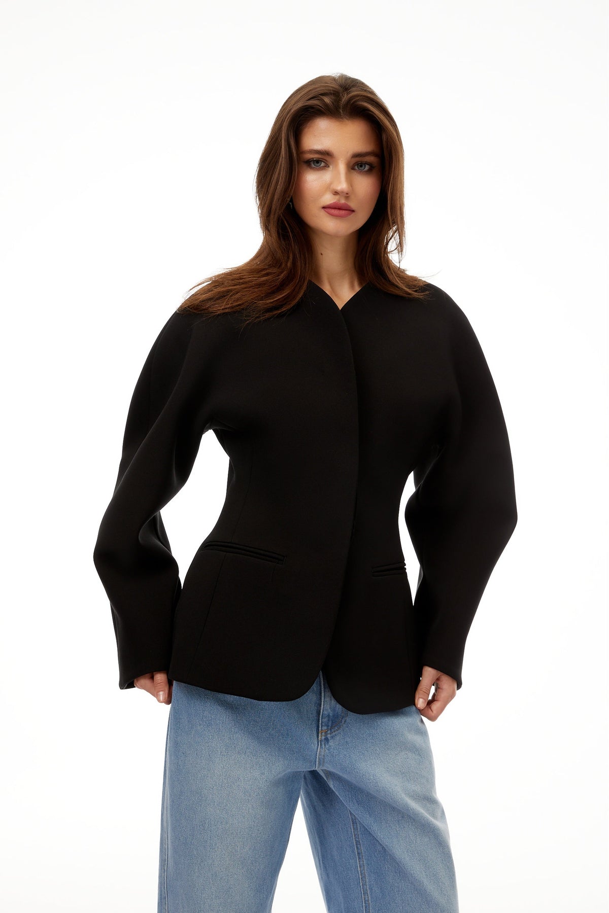 Consuelo Black Collarless Peplum Waist Blazer - Black