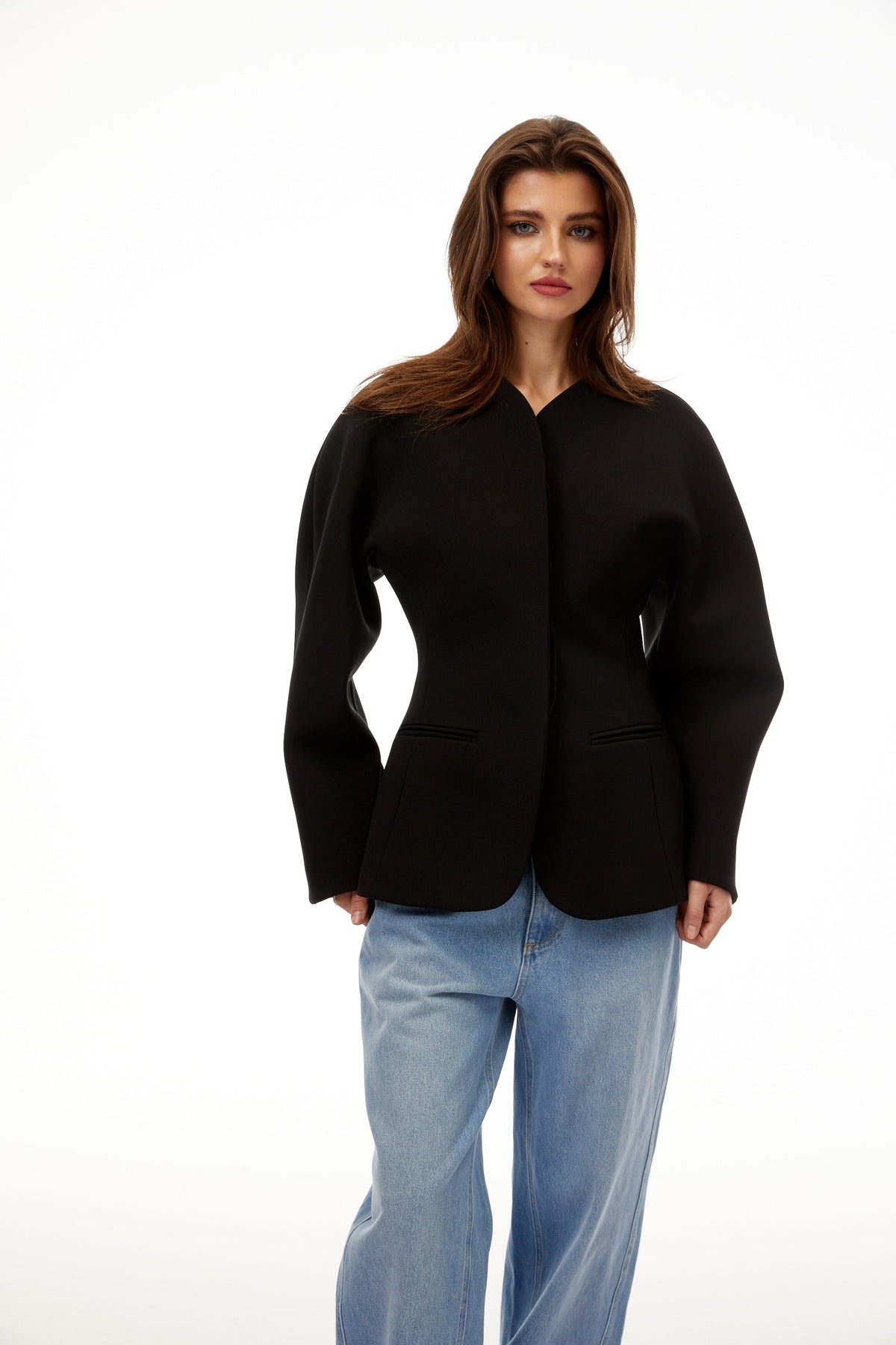Consuelo Black Collarless Peplum Waist Blazer - Jet Black