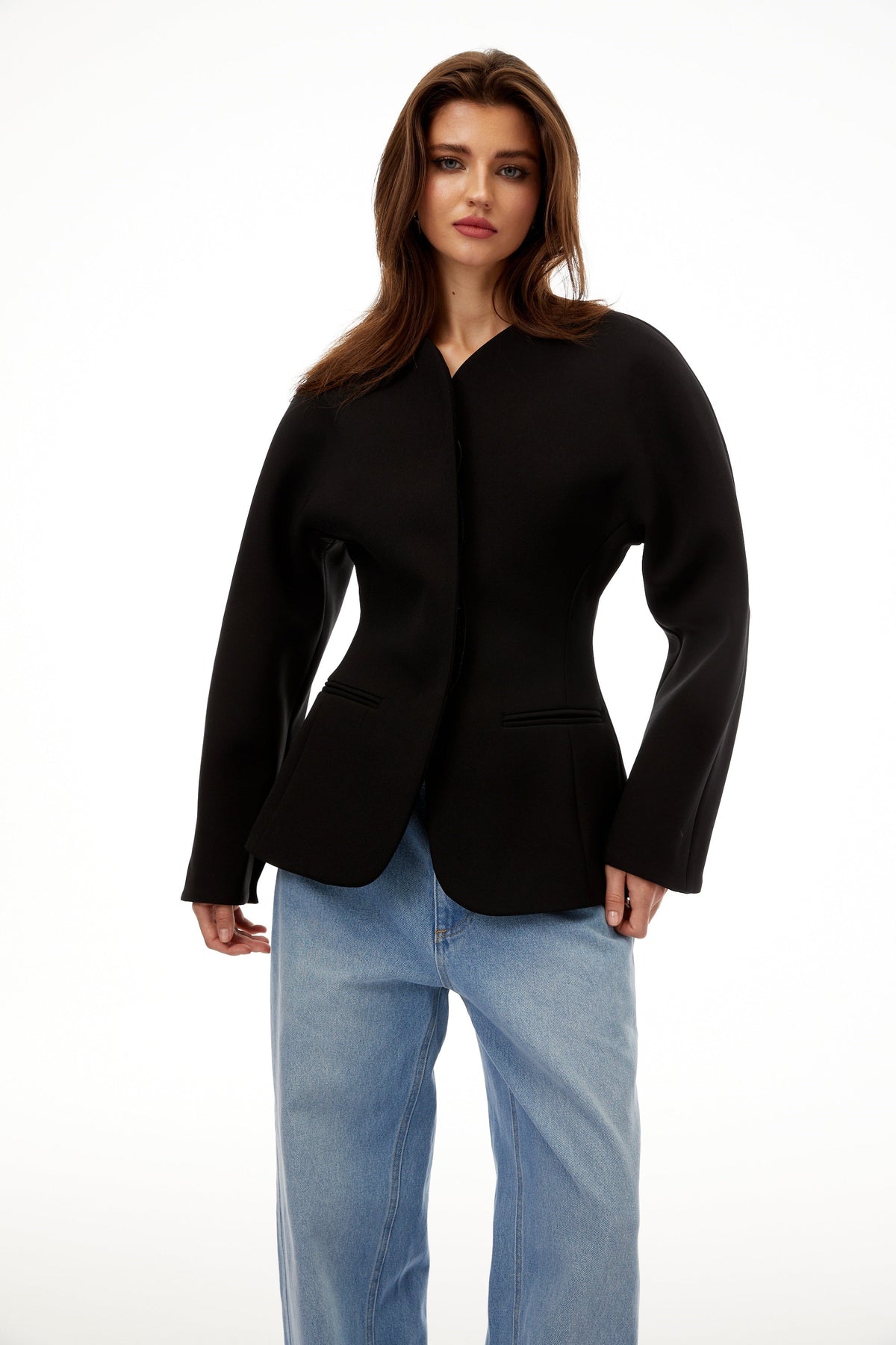 Consuelo Black Collarless Peplum Waist Blazer - Black