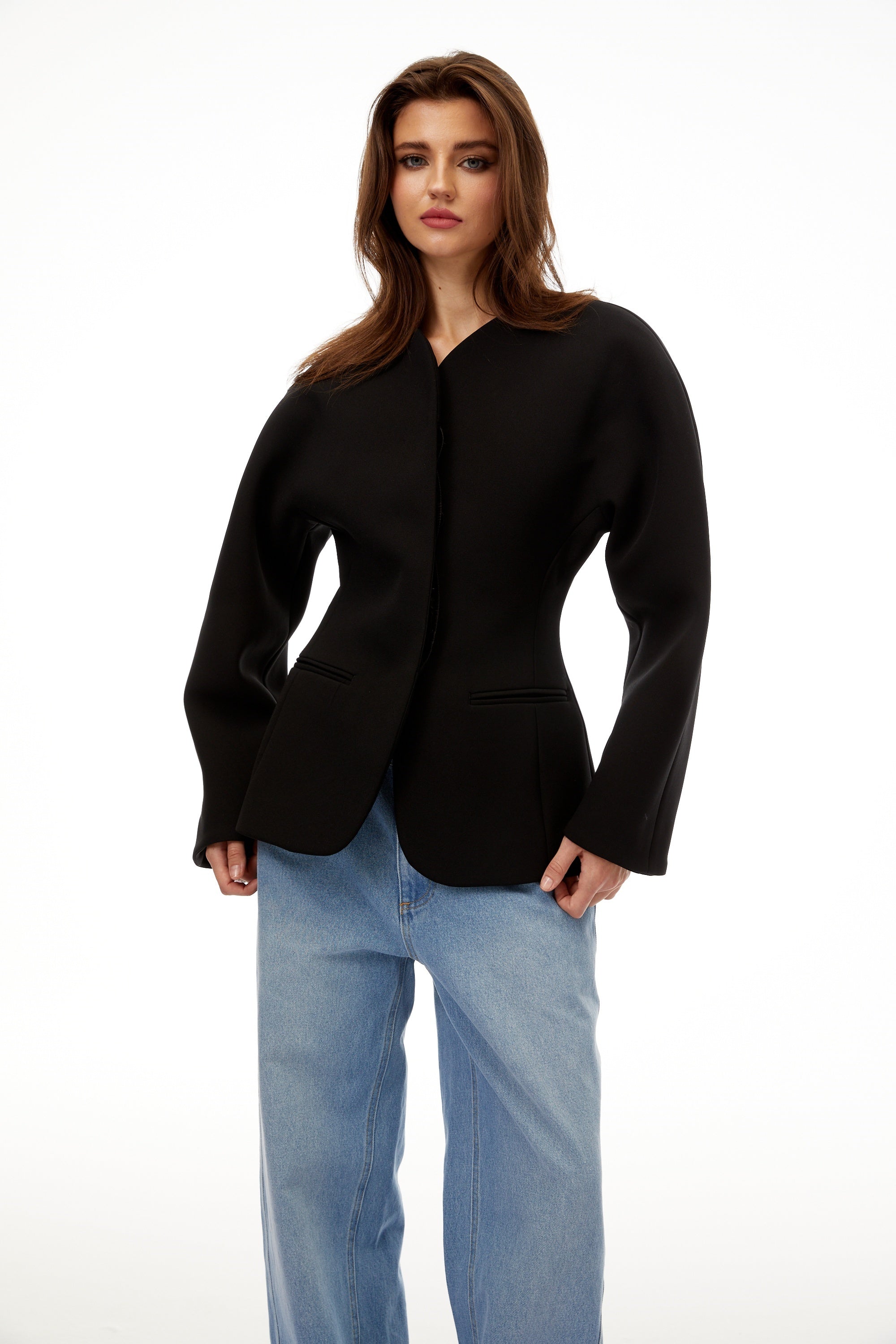 Consuelo Black Collarless Peplum Waist Blazer