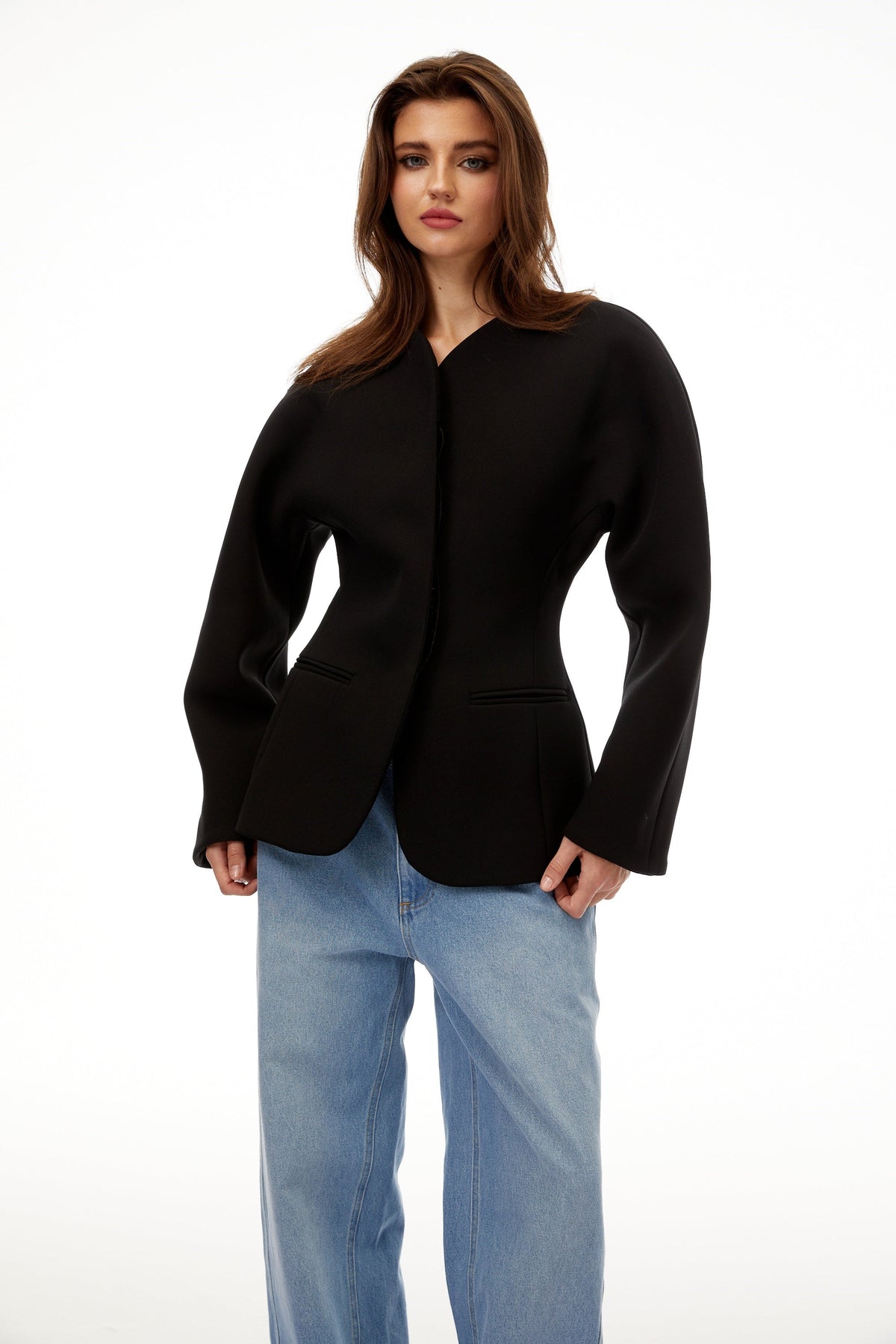 Consuelo Black Collarless Peplum Waist Blazer - Jet Black