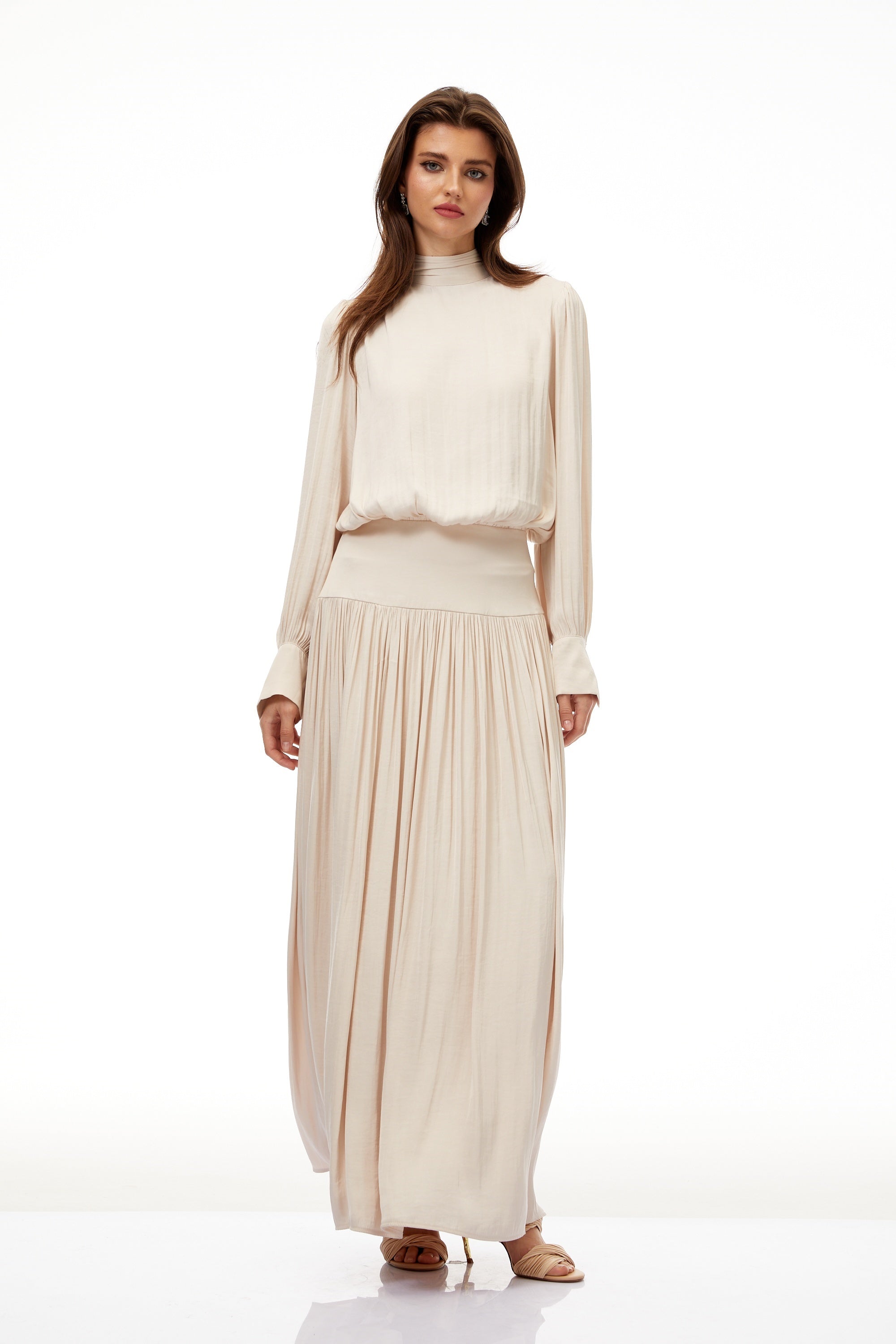 Valérie Neutral Self-Tie Pleated Maxi Dress