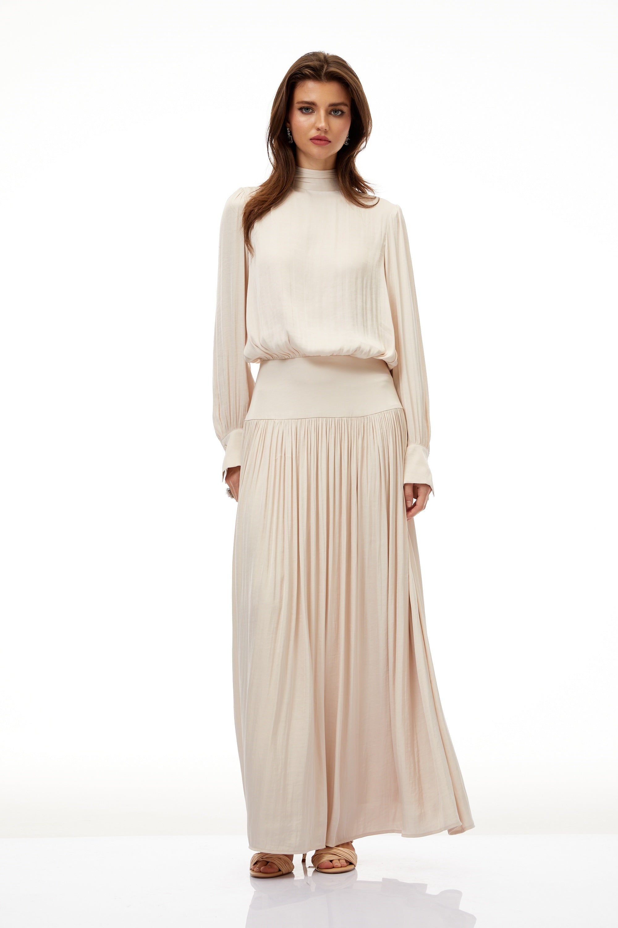 Valérie Neutral Self-Tie Pleated Maxi Dress