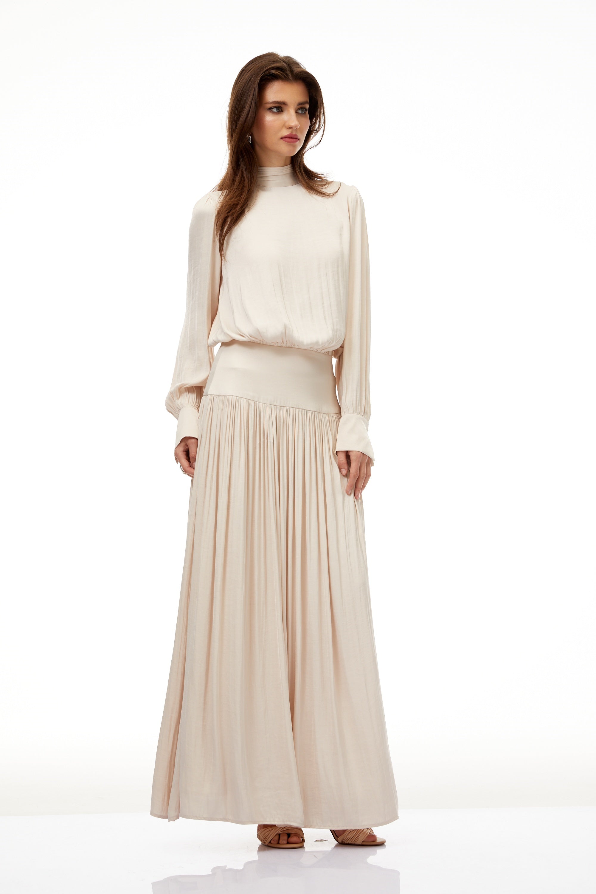 Valérie Neutral Self-Tie Pleated Maxi Dress
