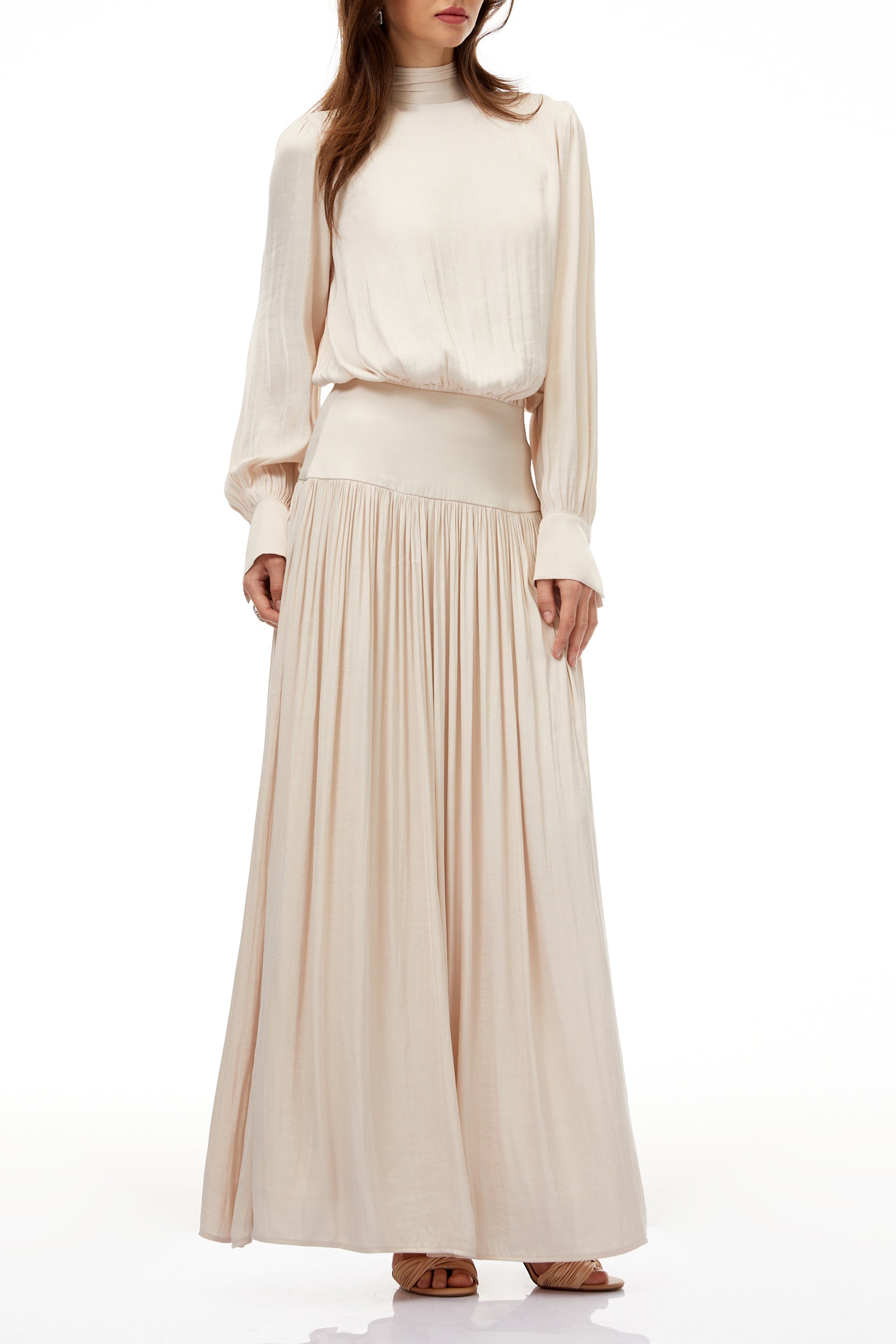 Valérie Neutral Self-Tie Pleated Maxi Dress (Final Sale-US Only)