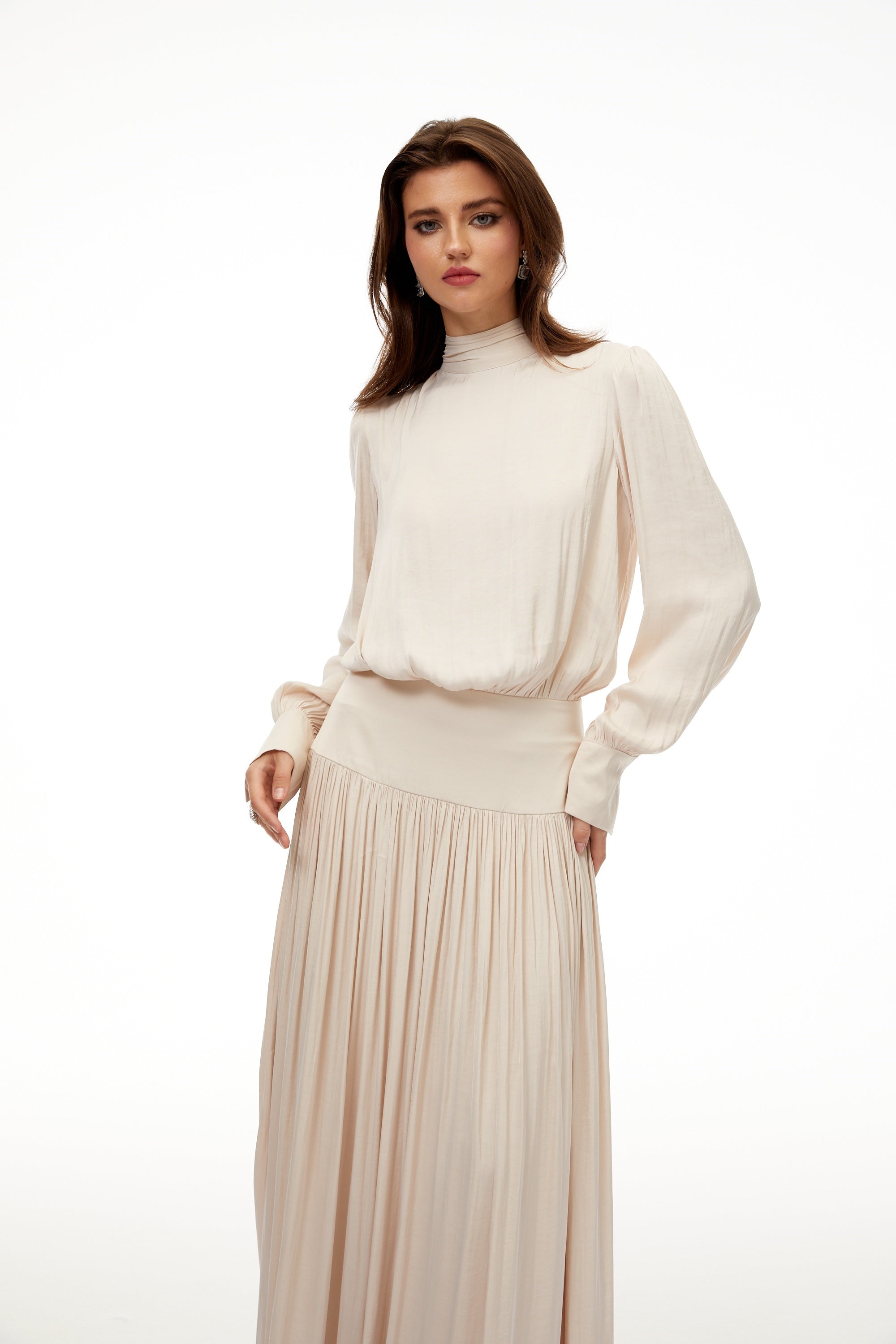 Valérie Neutral Self-Tie Pleated Maxi Dress