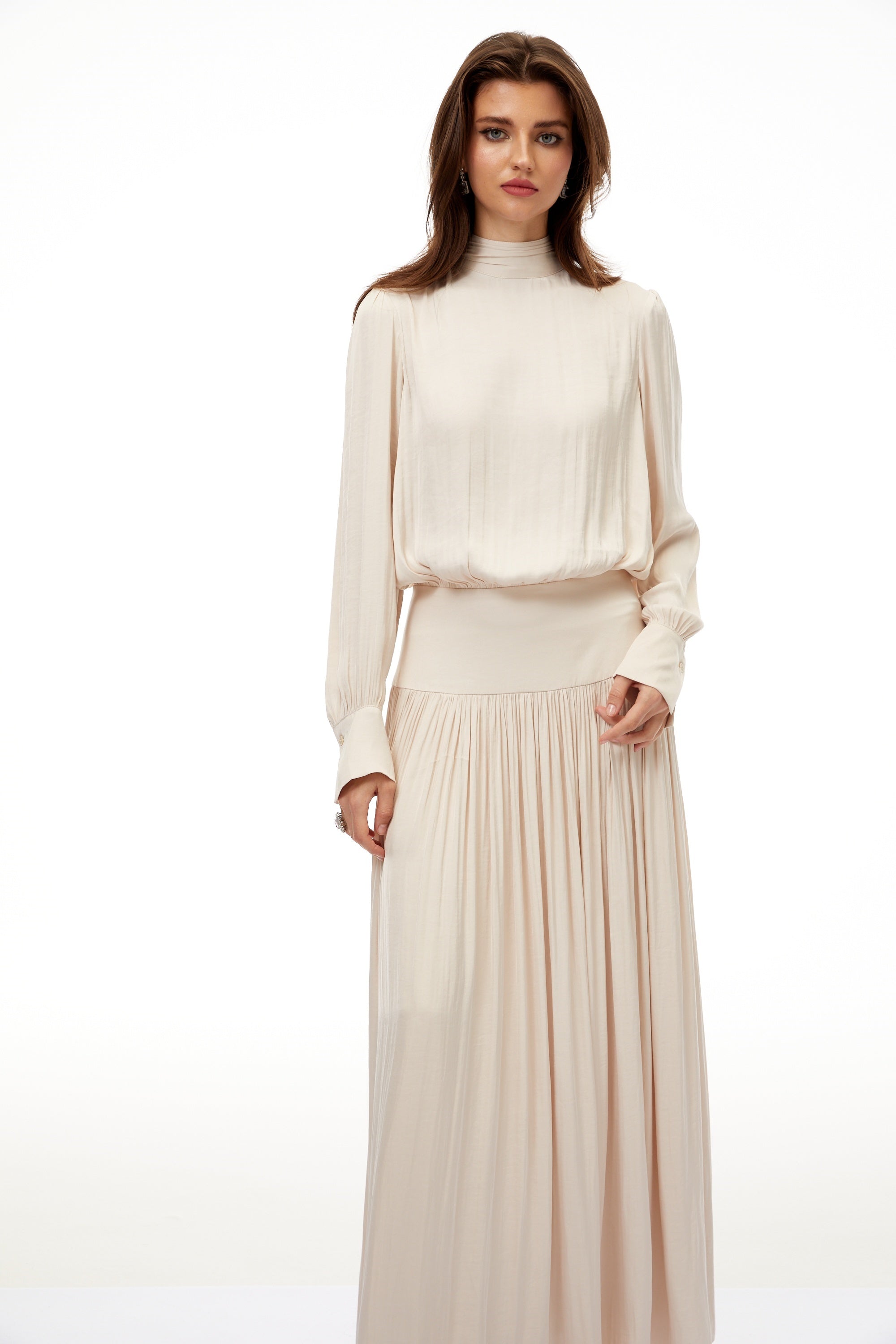 Valérie Neutral Self-Tie Pleated Maxi Dress