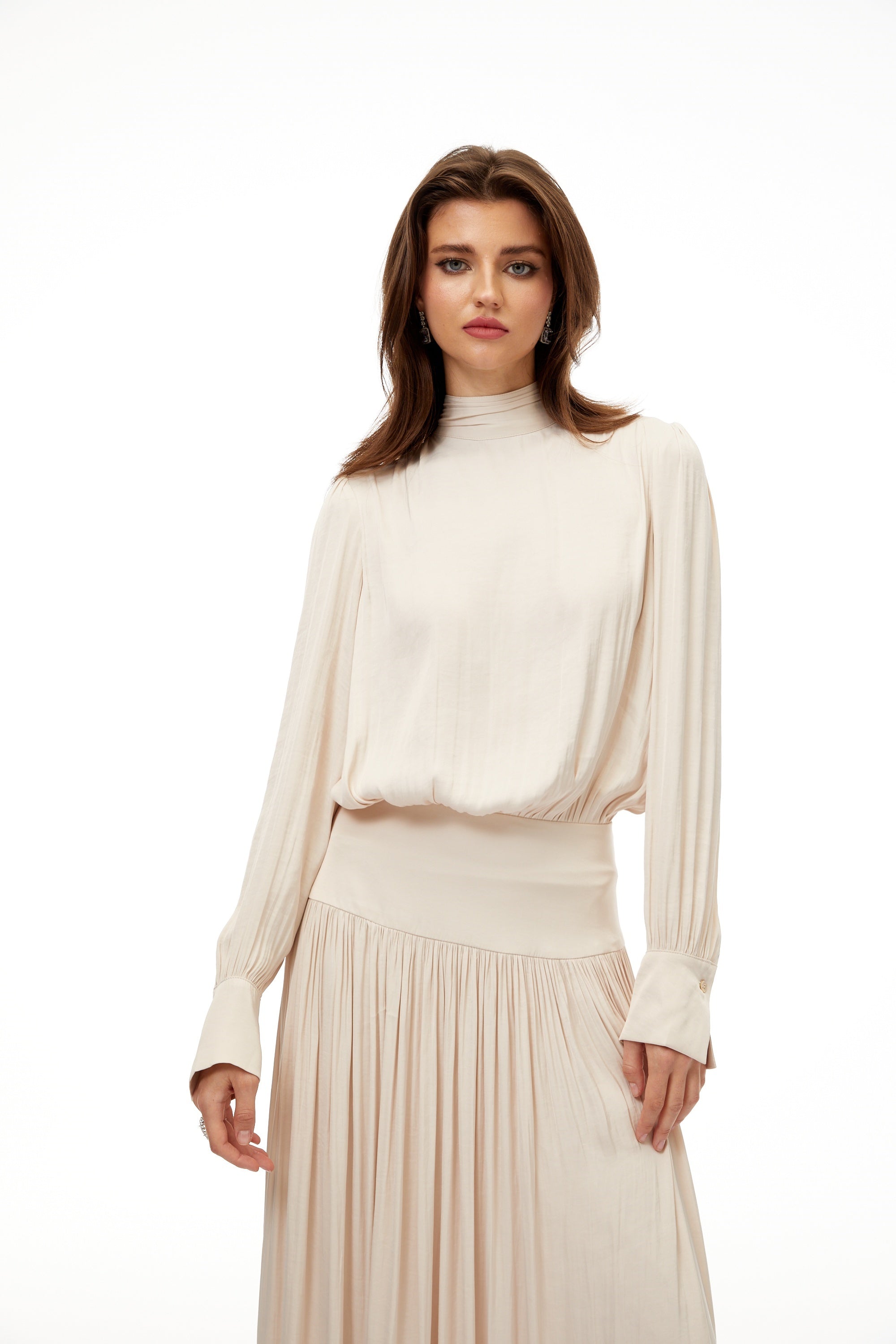 Valérie Neutral Self-Tie Pleated Maxi Dress