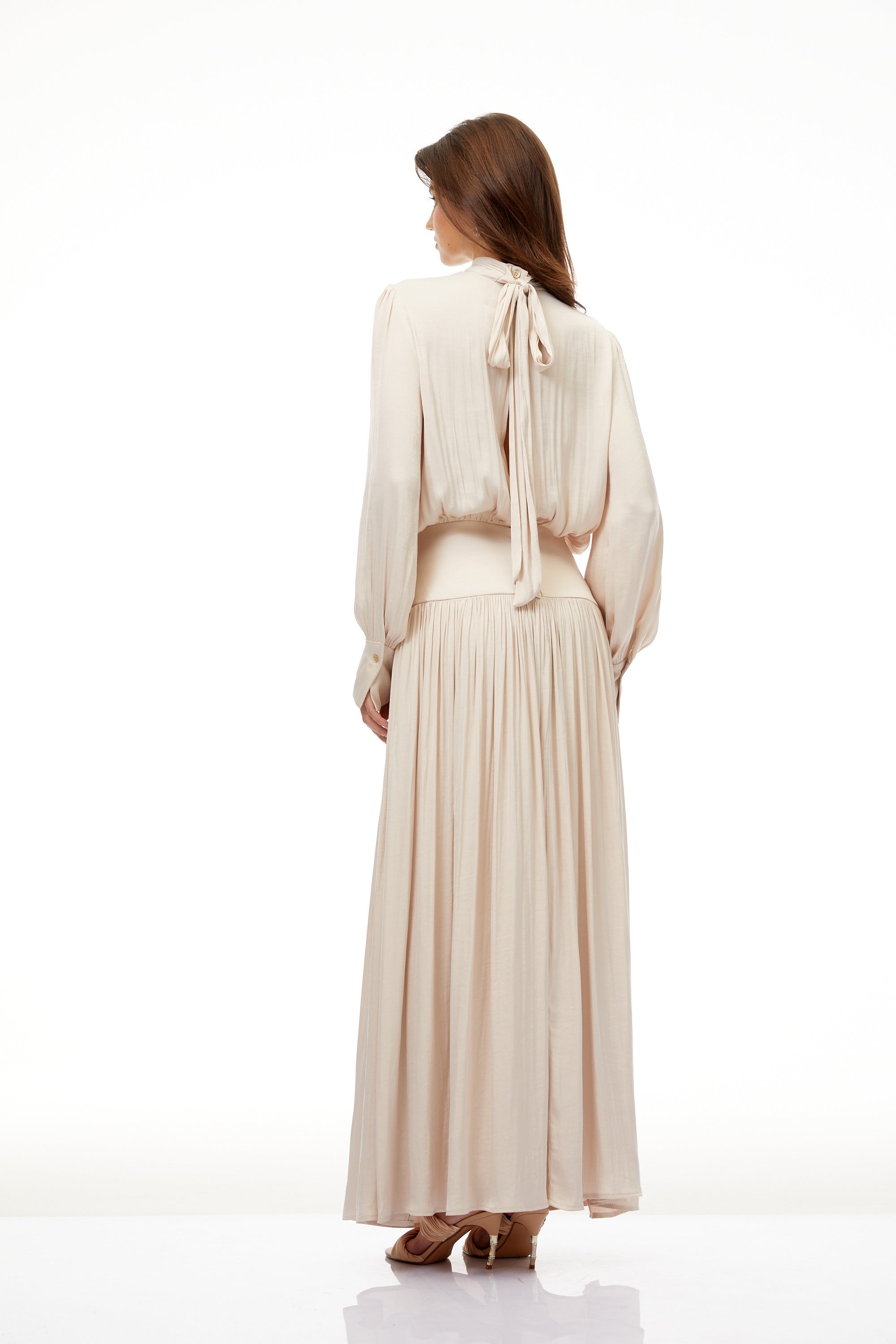 Valérie Neutral Self-Tie Pleated Maxi Dress