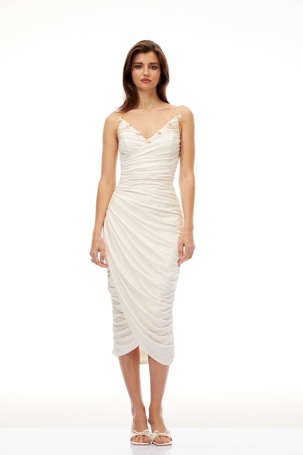 Geneviève White Floral Gathered Midi Bodycon Dress