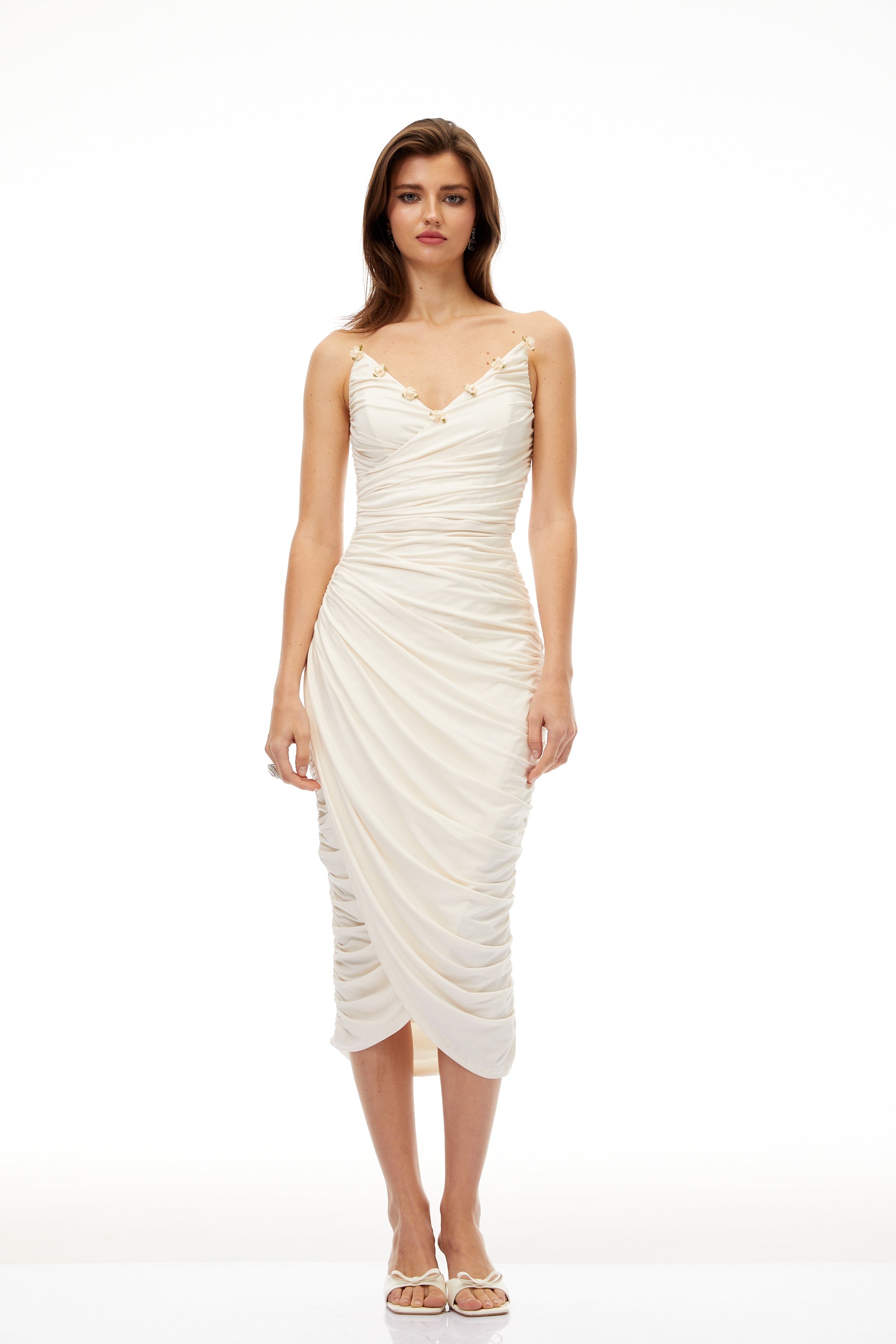 Geneviève White Floral Gathered Midi Bodycon Dress (Final Sale-US Only)