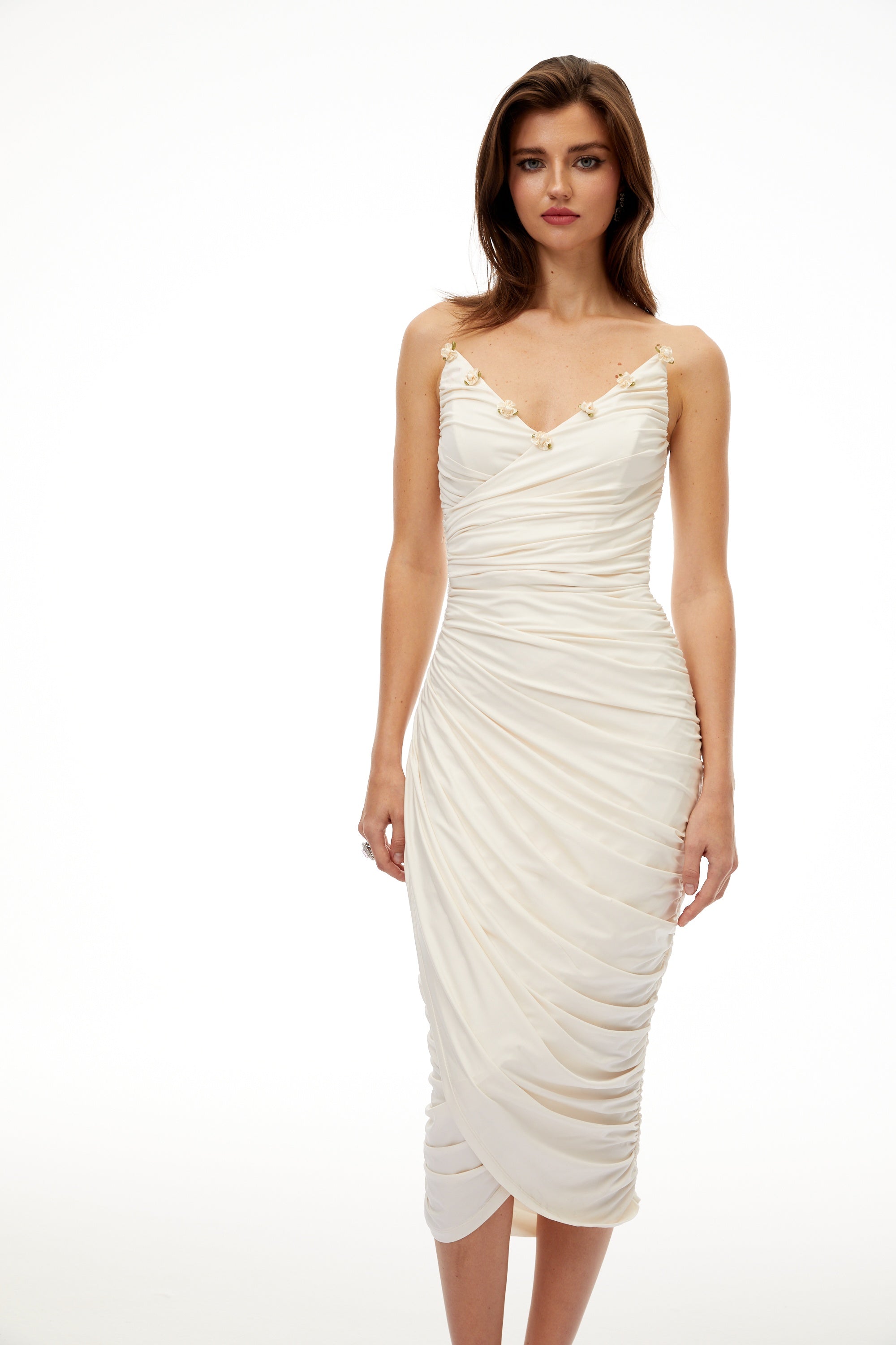 Geneviève White Floral Gathered Midi Bodycon Dress (Final Sale-US Only)
