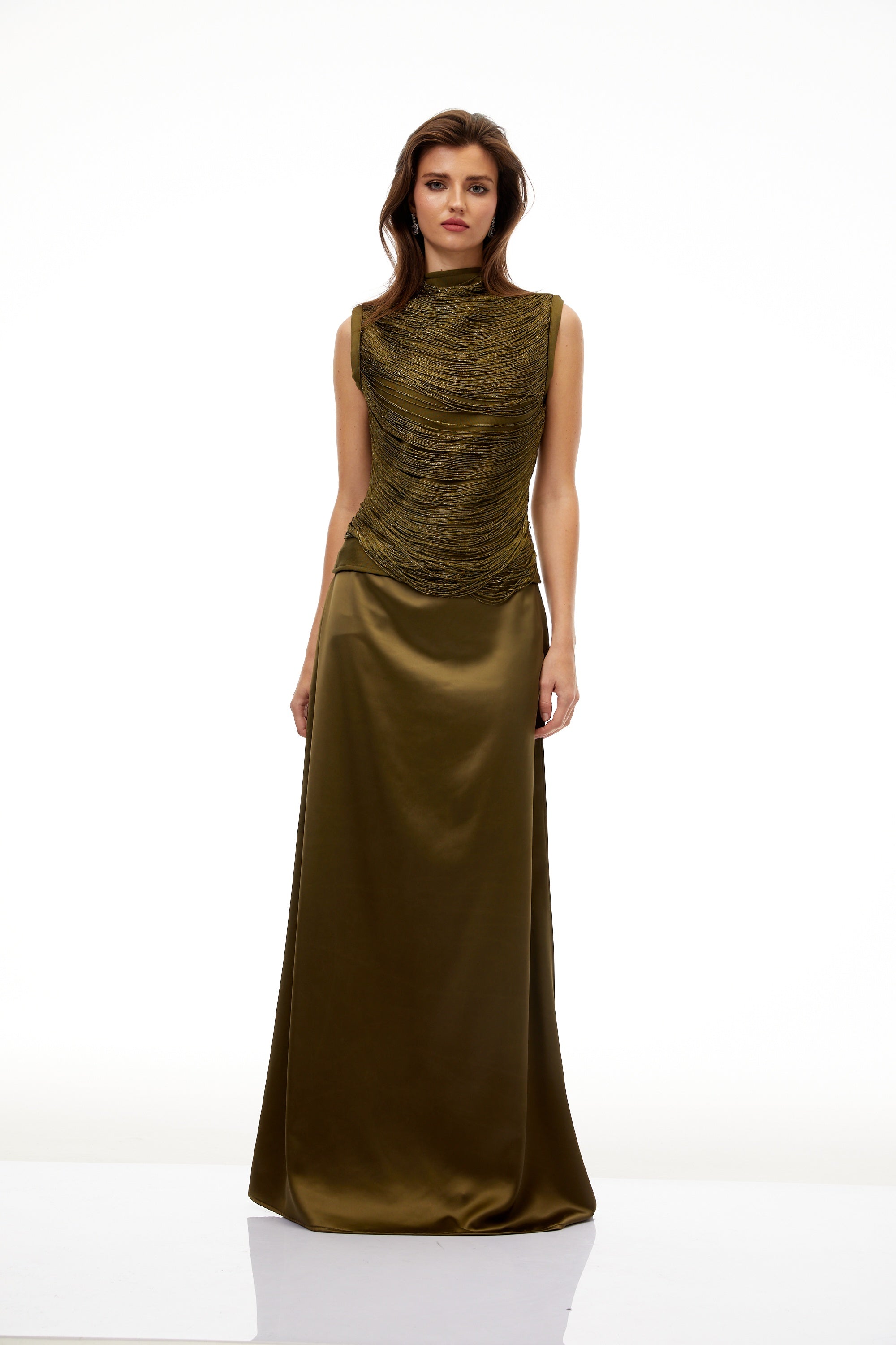 Borbála Green Fringed Top & Satin Skirt Set (Final Sale-US Only)