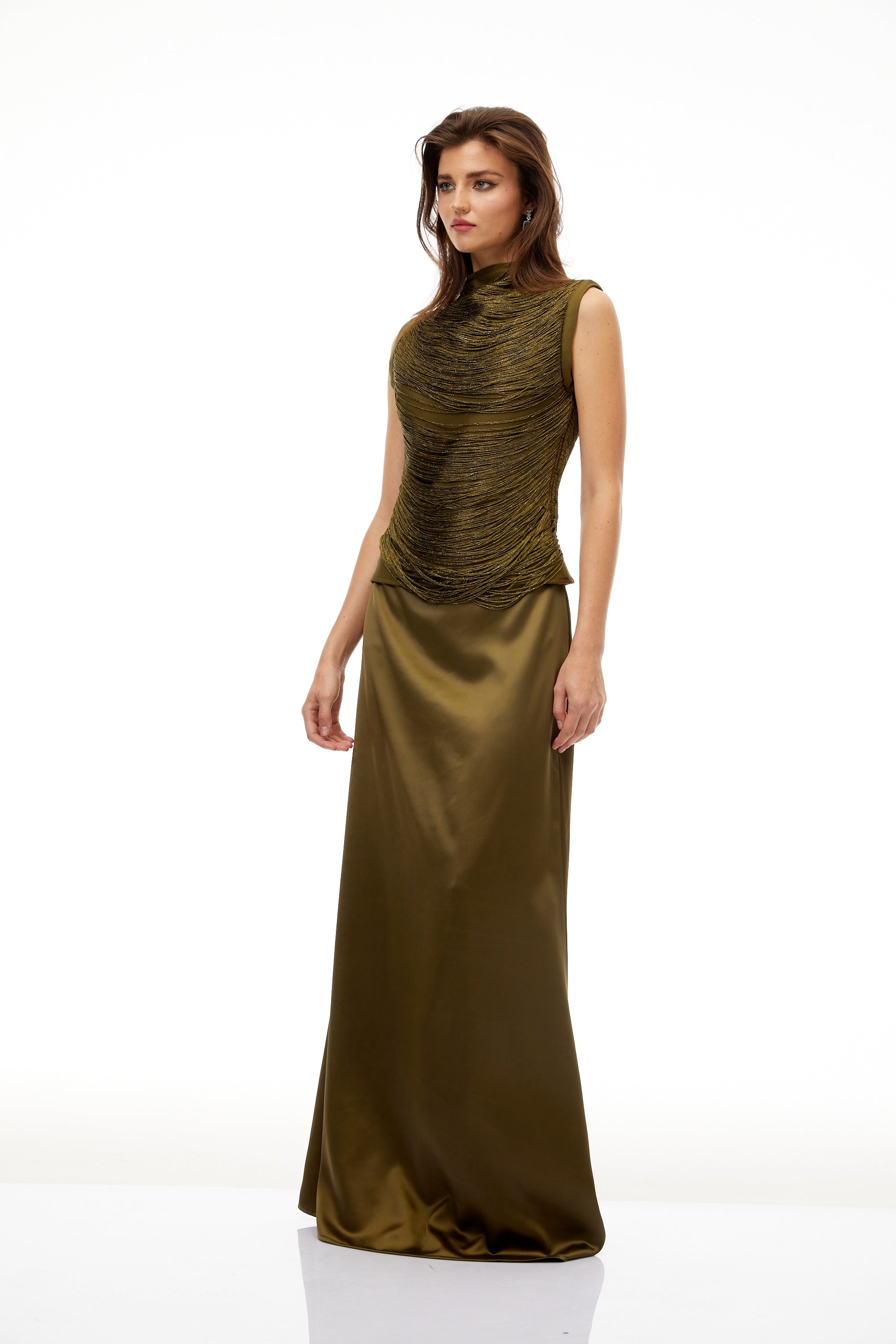 Borbála Green Fringed Top & Satin Skirt Set (Final Sale-US Only)