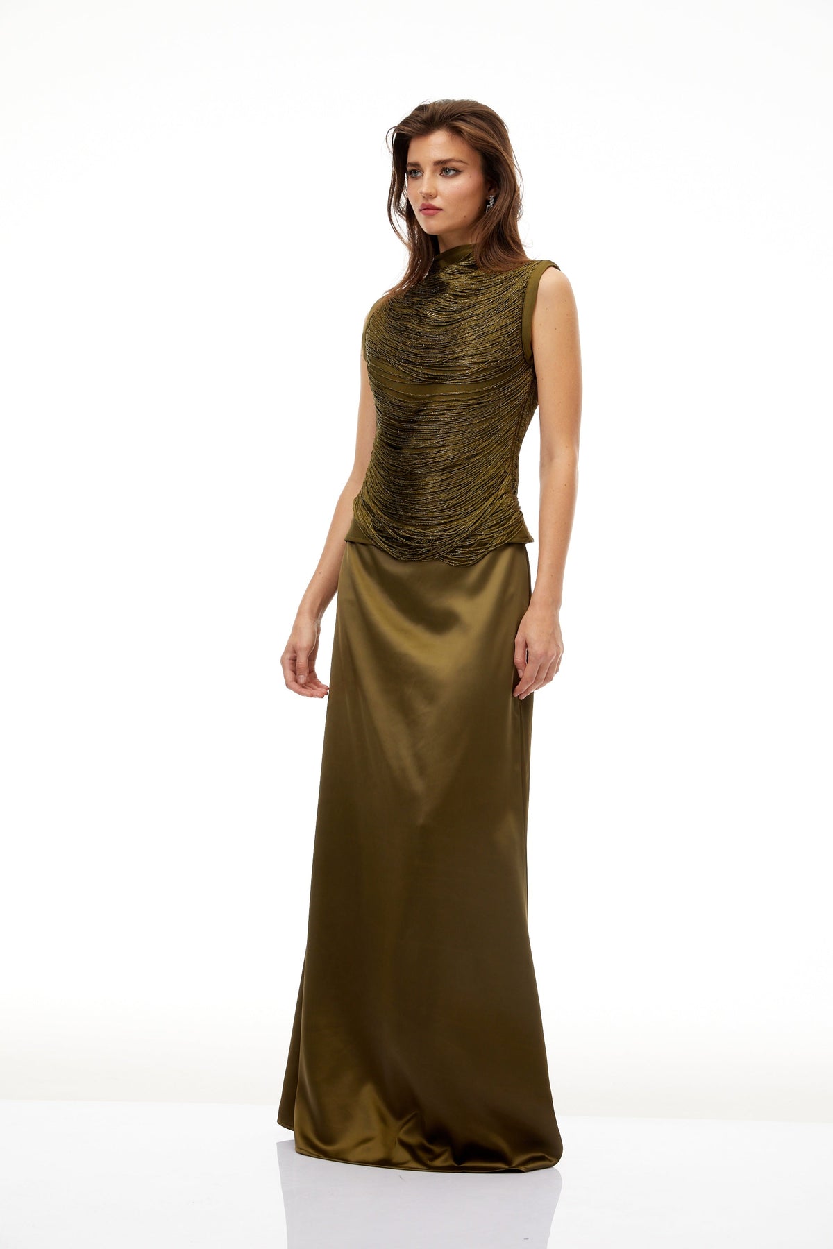 Borbála Green Fringed Top & Satin Skirt Set (Final Sale-US Only)