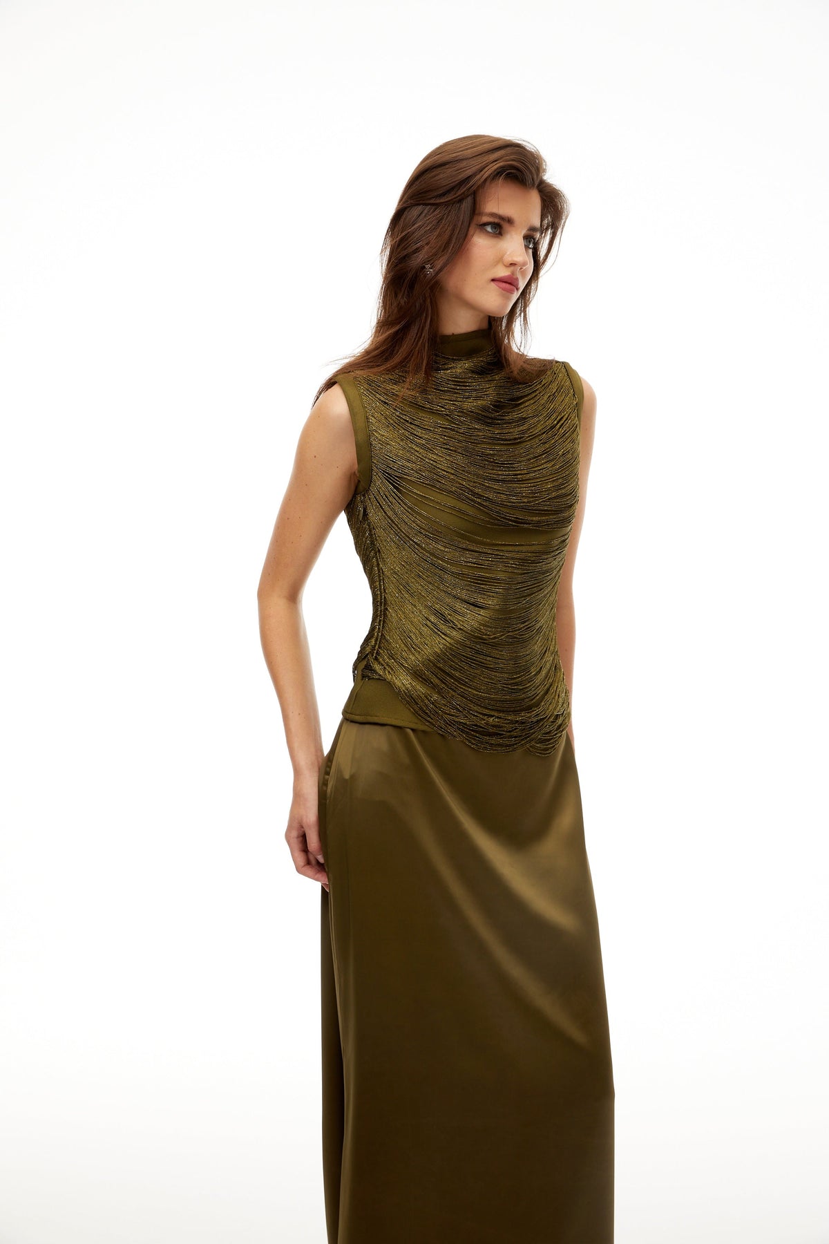Borbála Green Fringed Top & Satin Skirt Set (Final Sale-US Only)