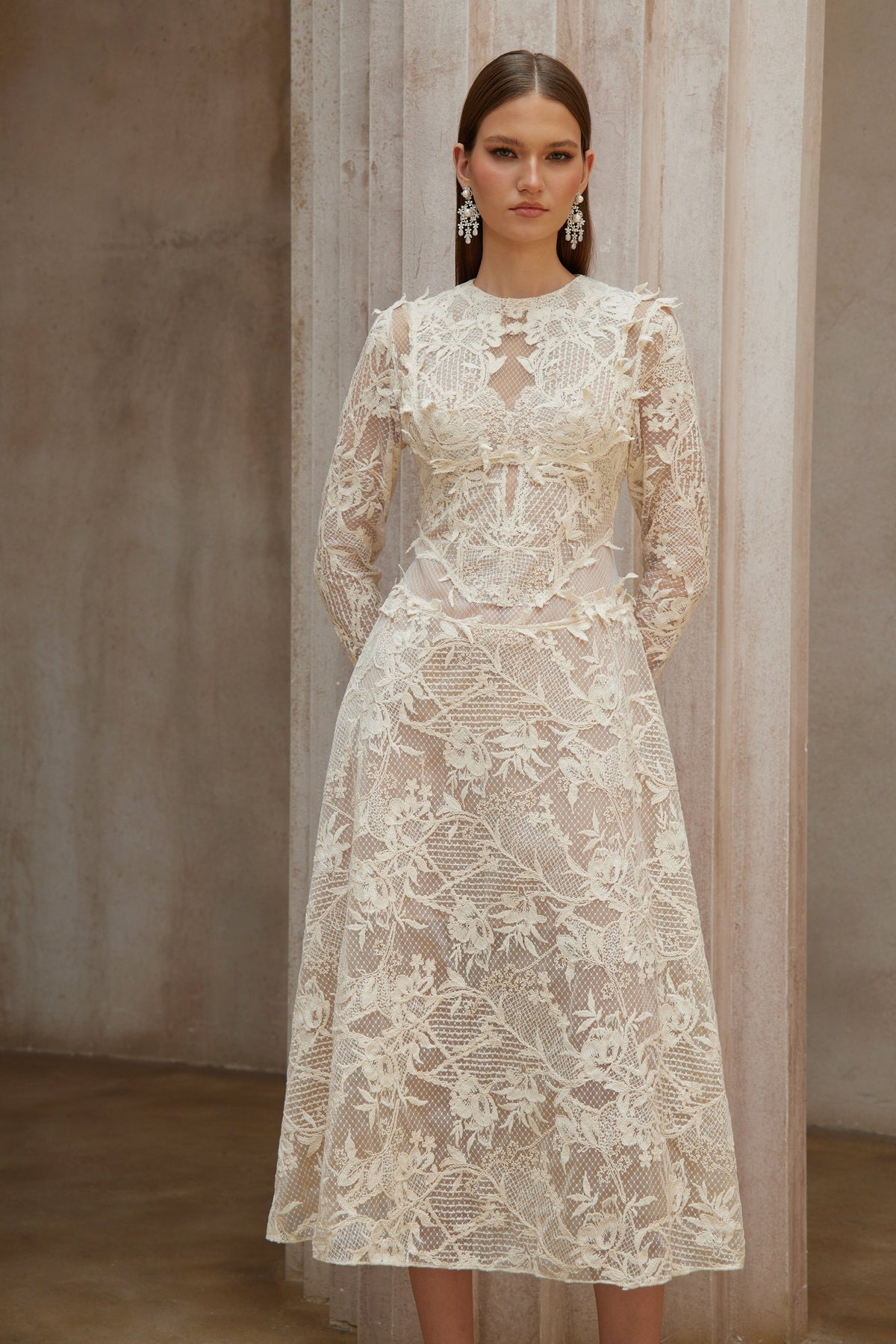 Amber White Long Sleeve Floral Lace Midi Dress