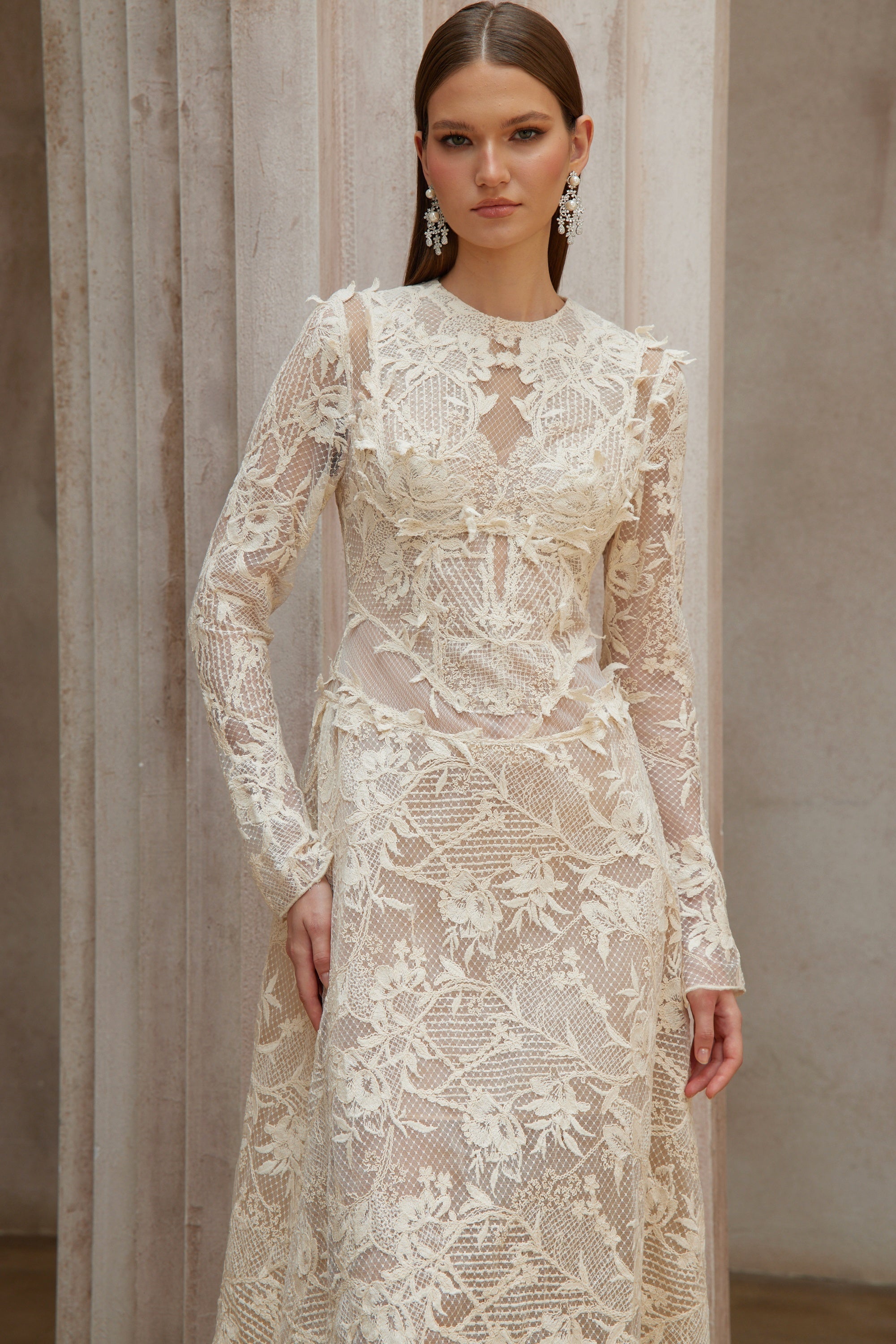 Amber White Long Sleeve Floral Lace Midi Dress