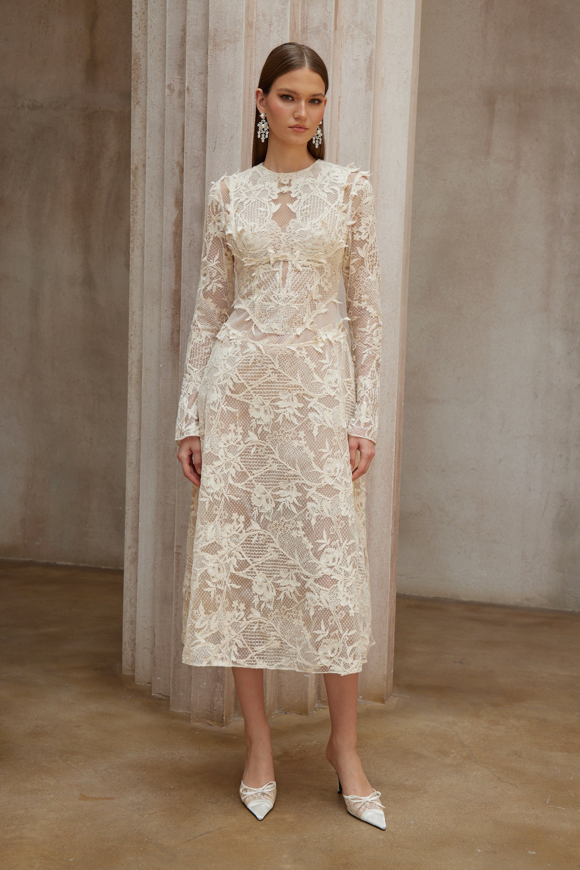 Amber White Long Sleeve Floral Lace Midi Dress