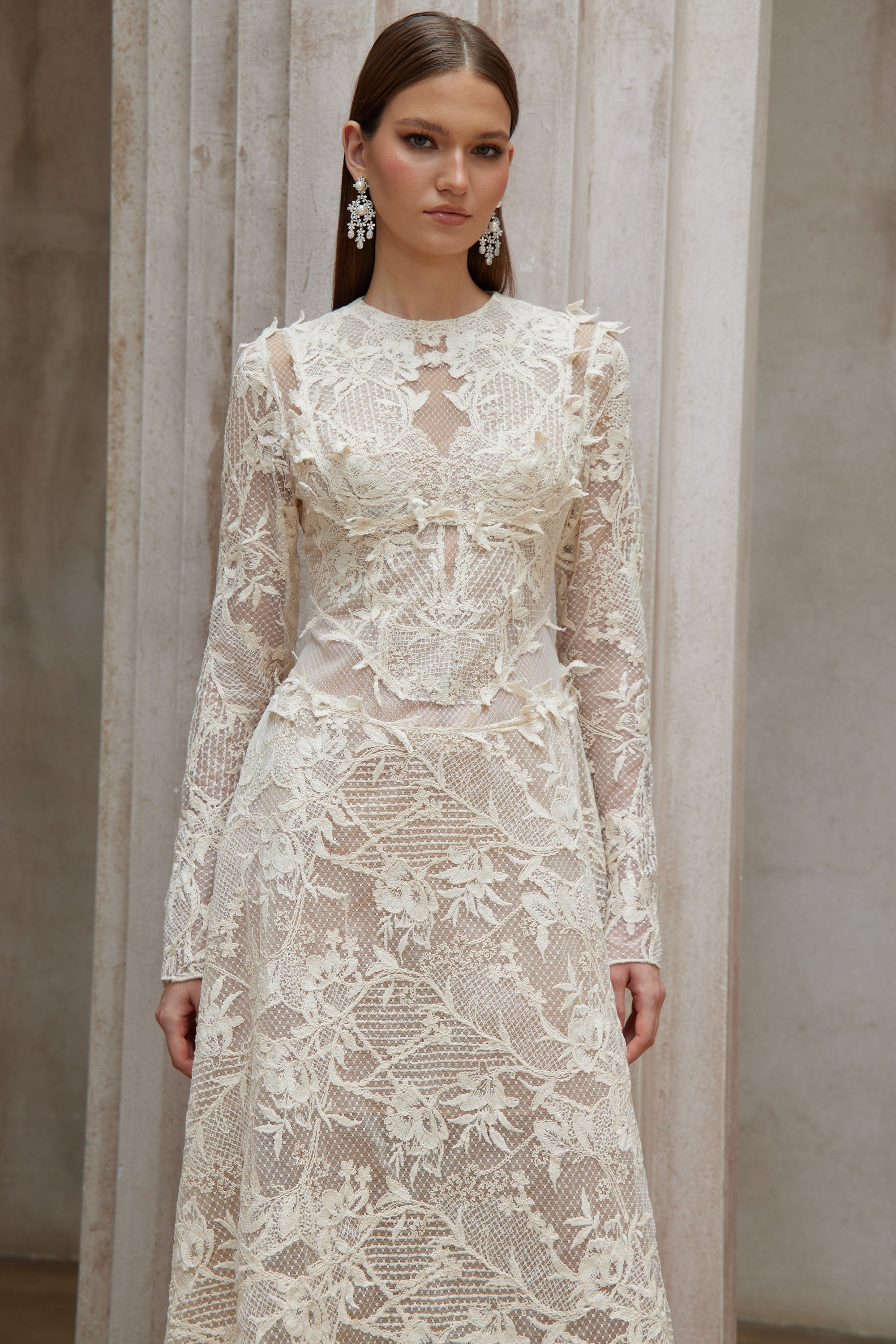 Amber White Long Sleeve Floral Lace Midi Dress