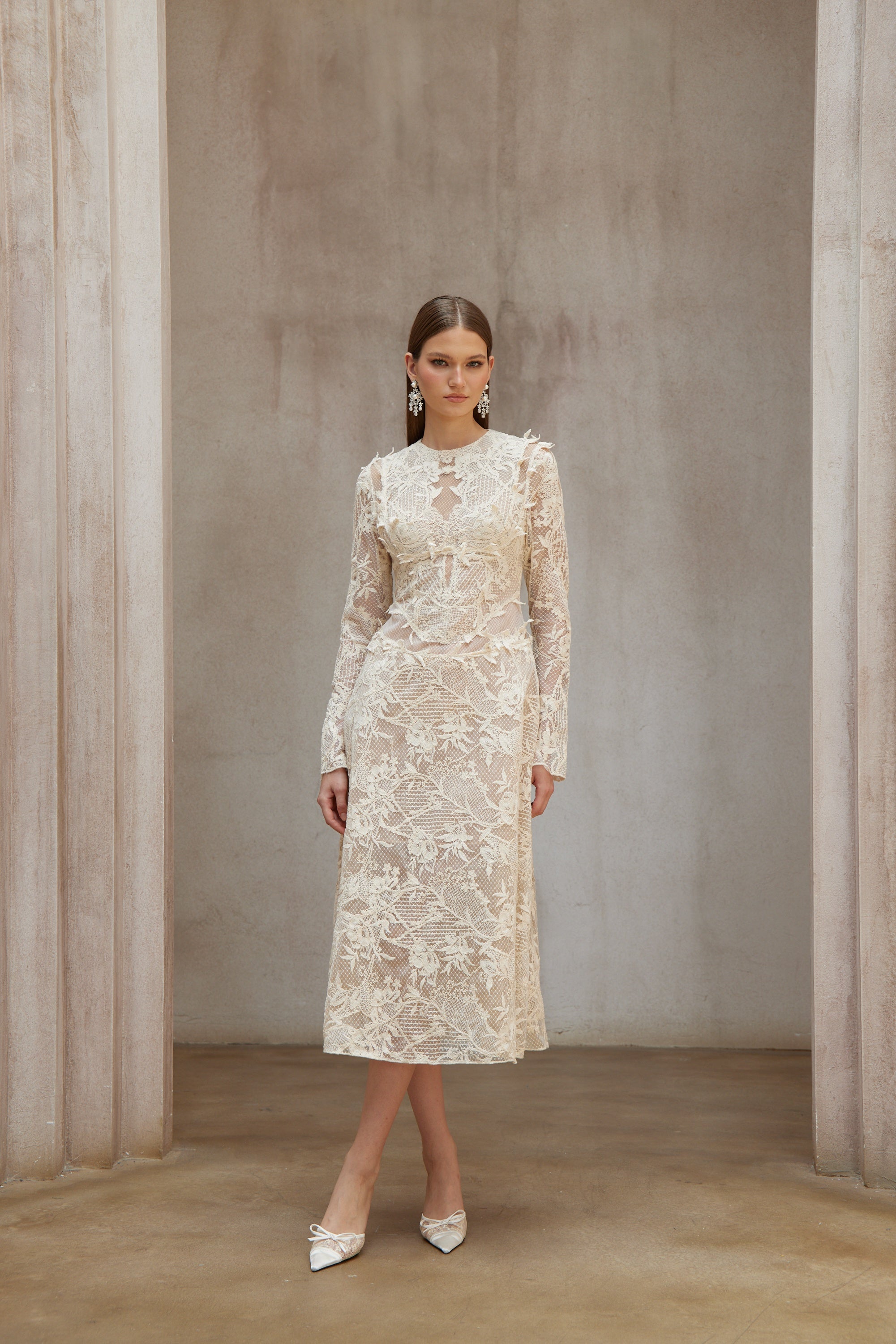Amber White Long Sleeve Floral Lace Midi Dress