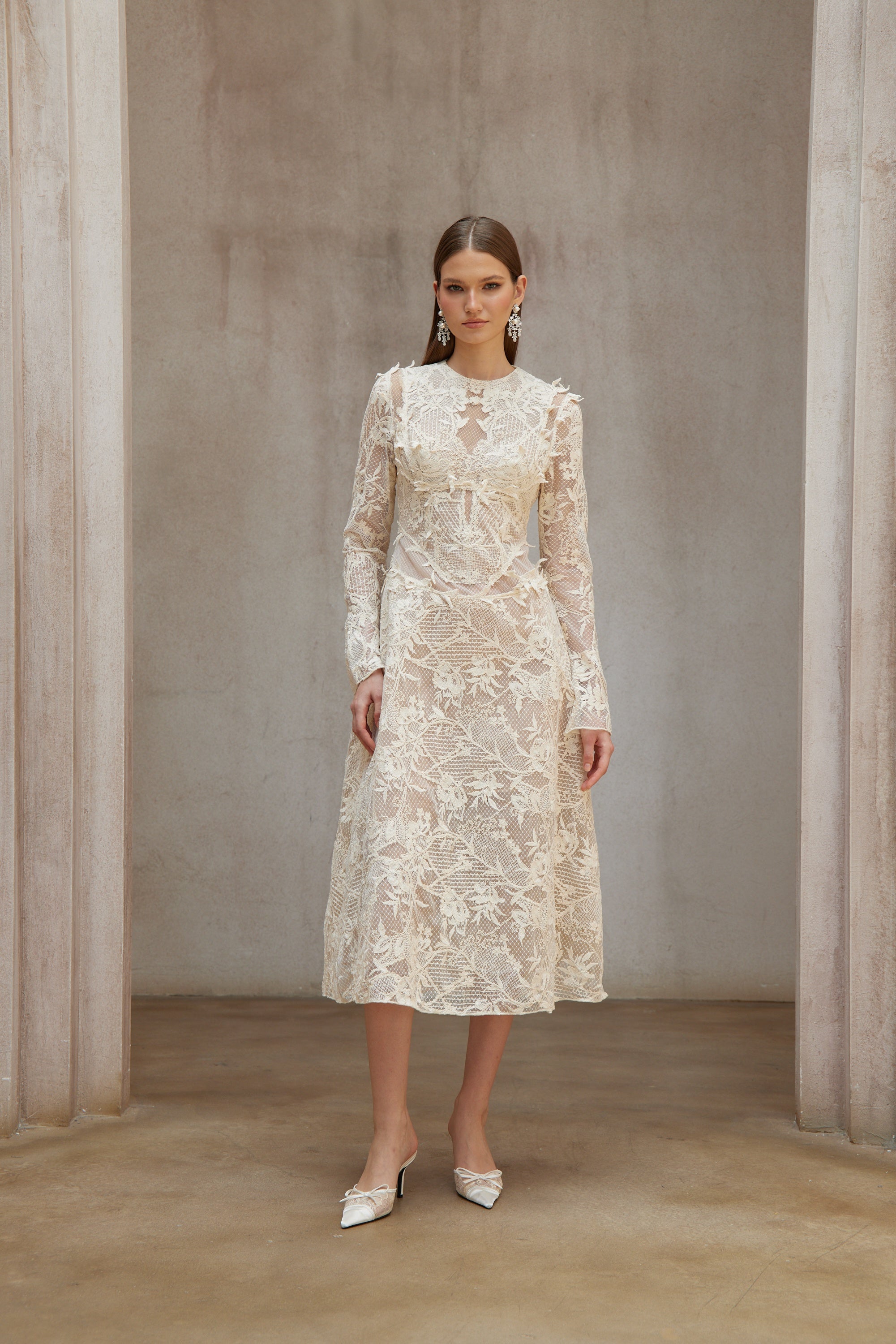 Amber White Long Sleeve Floral Lace Midi Dress