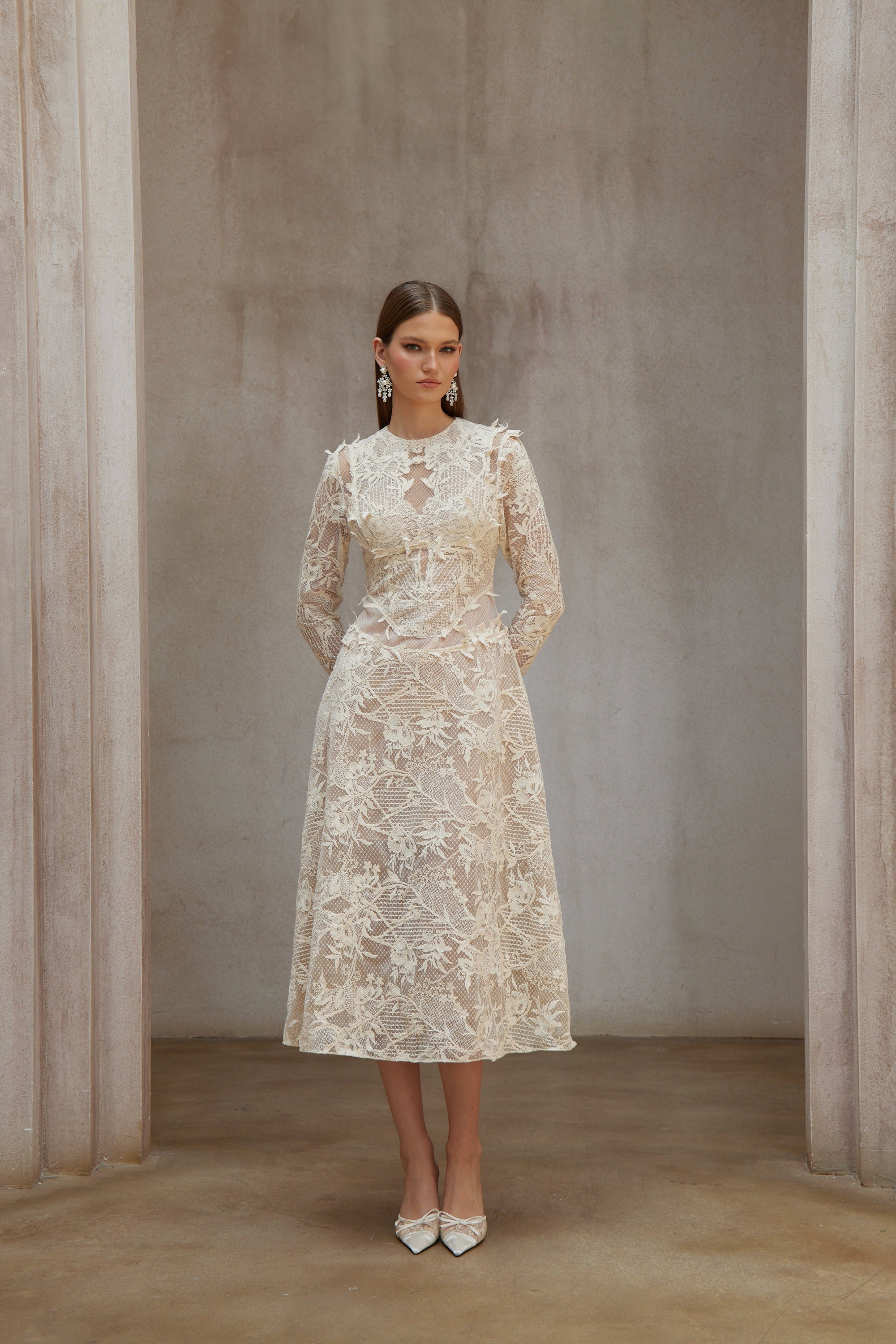 Amber White Long Sleeve Floral Lace Midi Dress