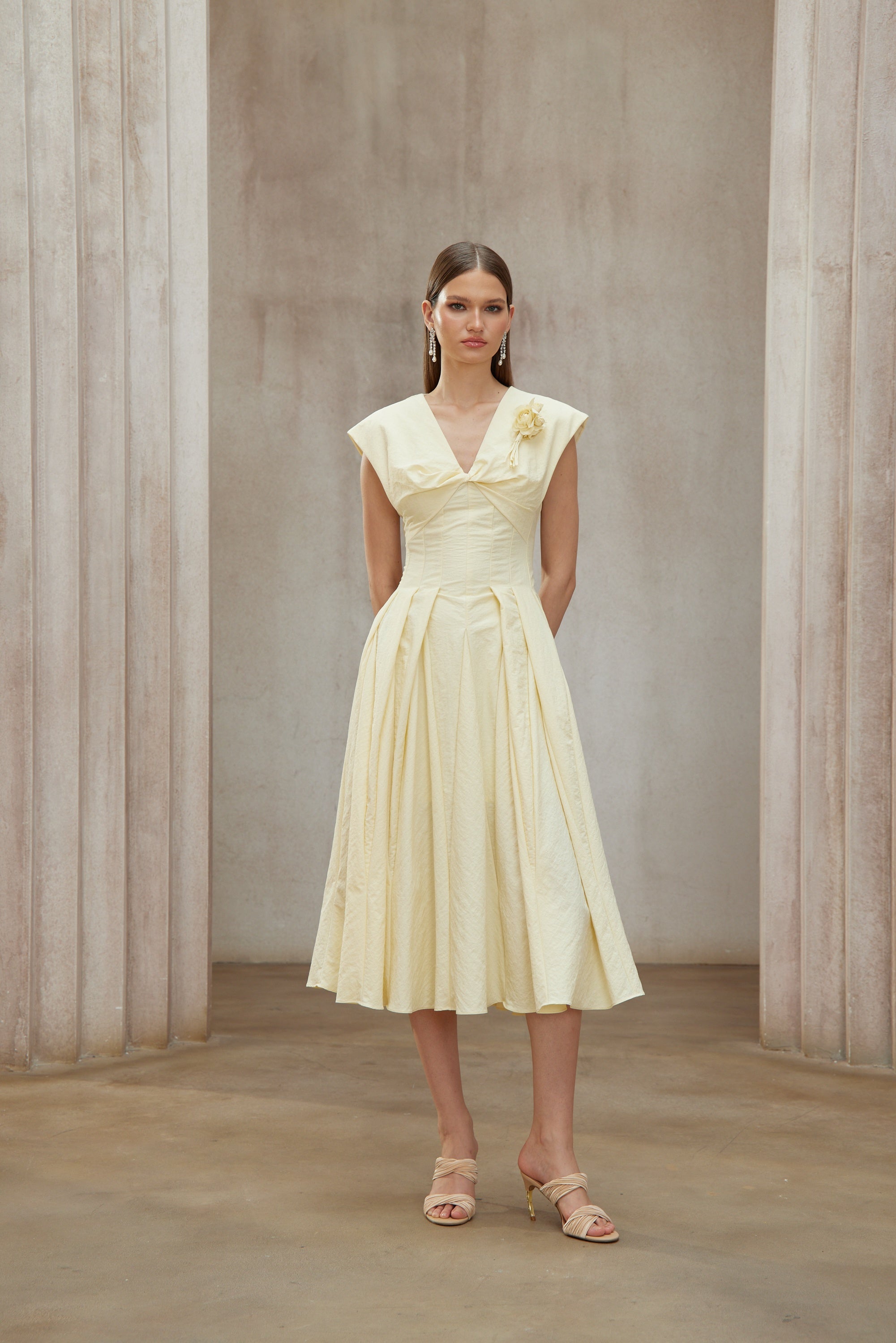 Amelie Yellow Petal Brooch Midi Dress