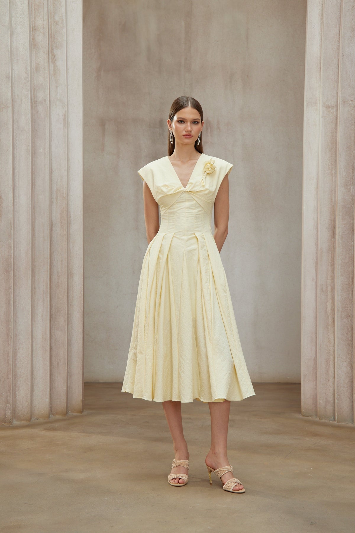 Amelie Yellow Petal Brooch Midi Dress