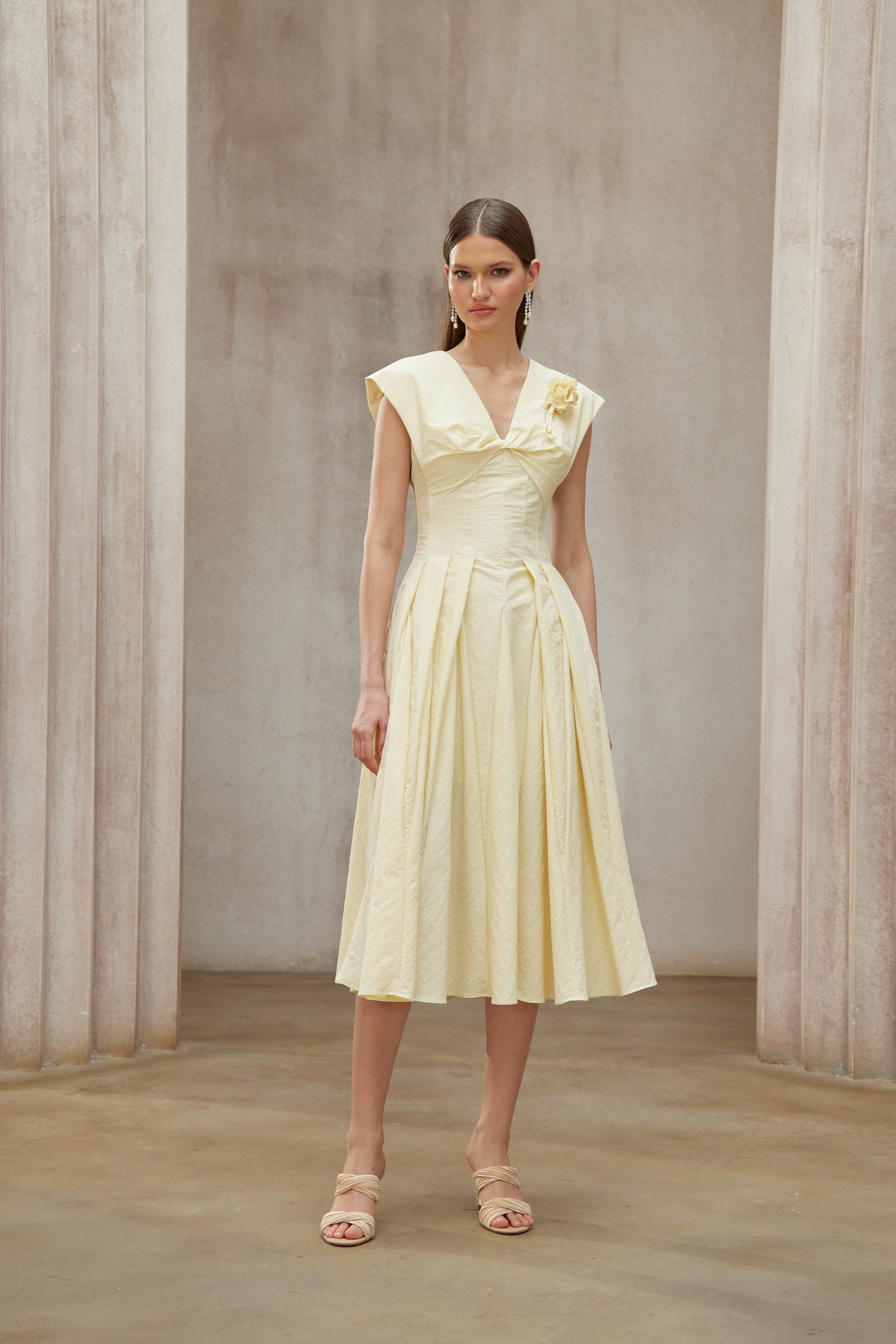 Amelie Yellow Petal Brooch Midi Dress