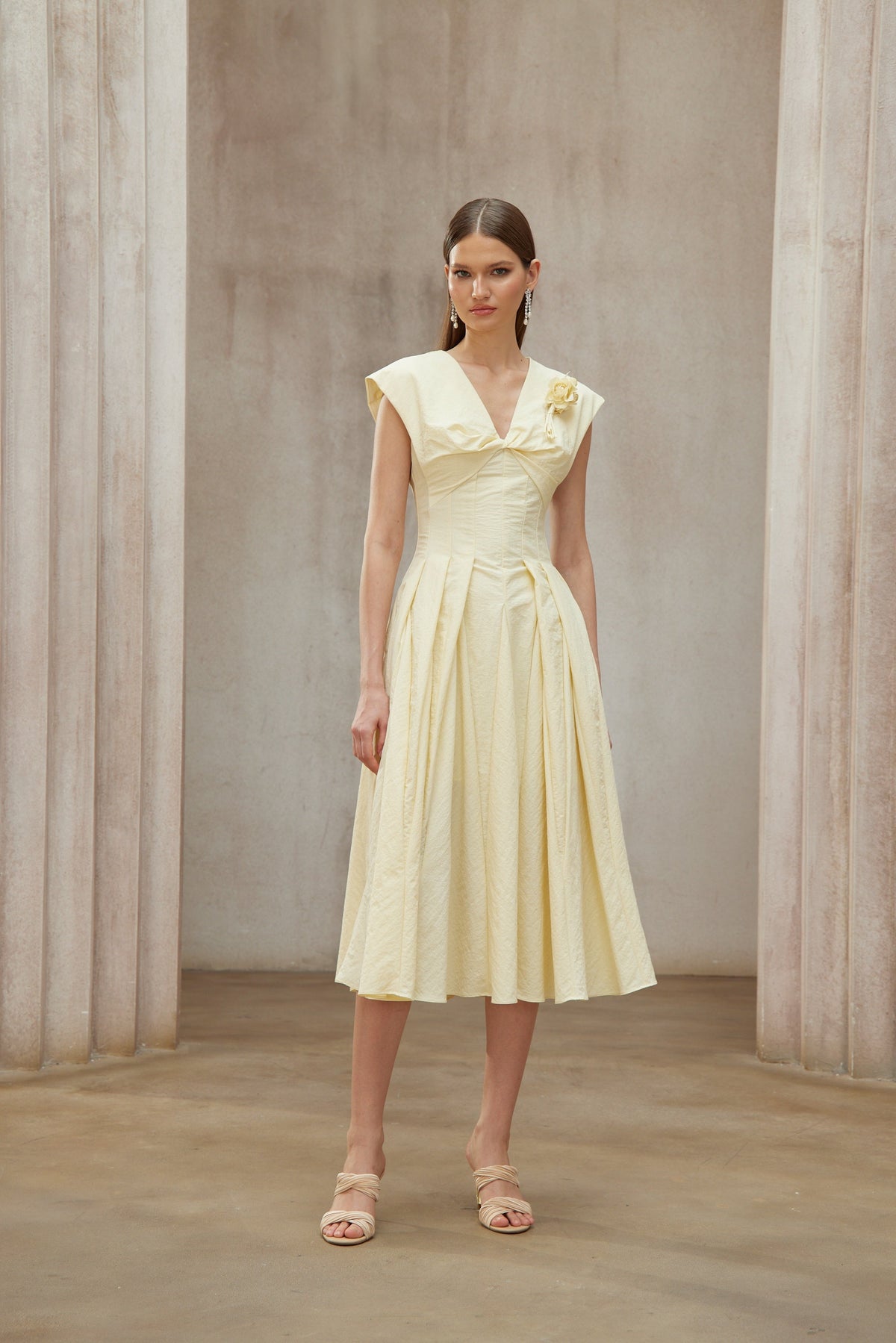 Amelie Yellow Petal Brooch Midi Dress