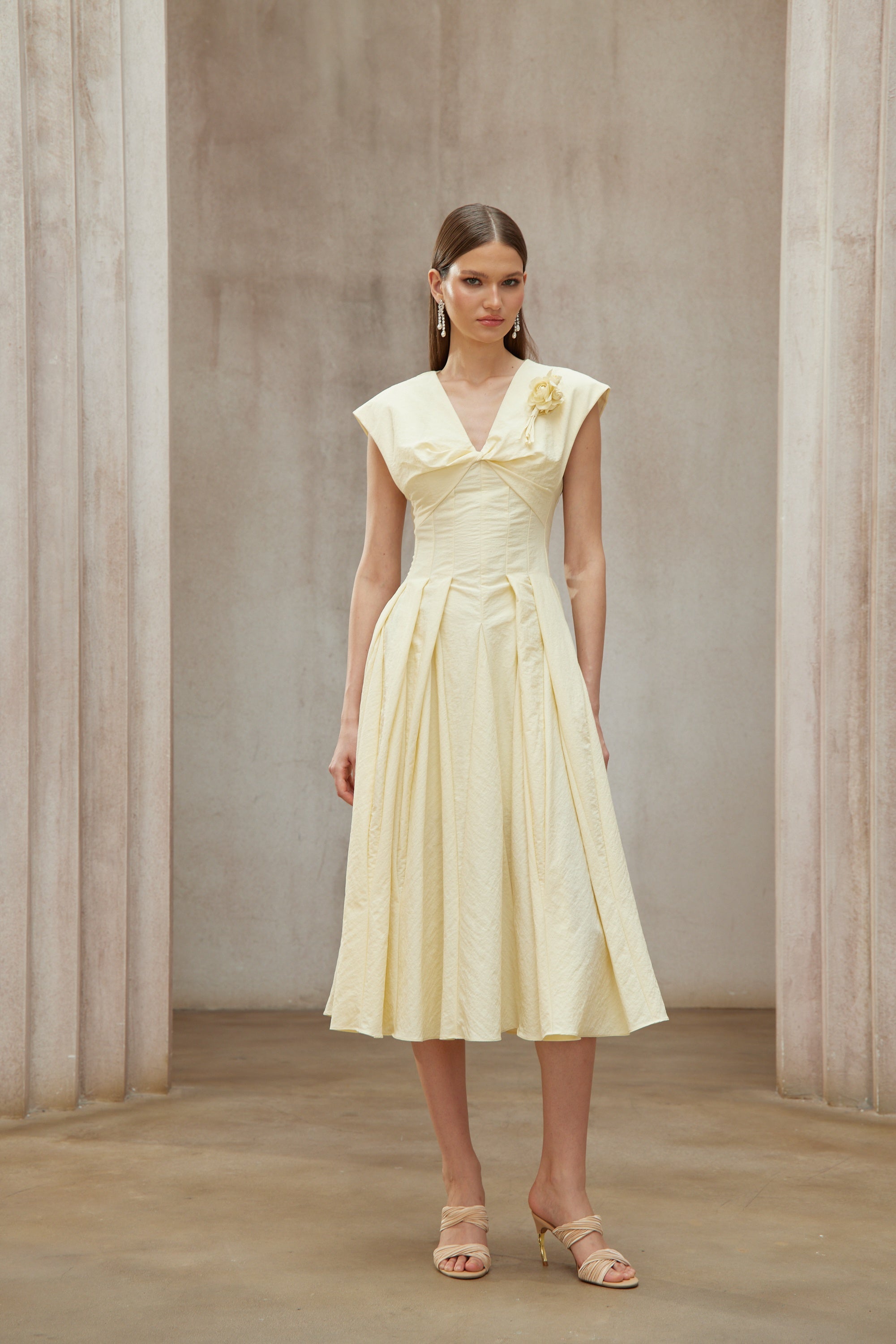 Amelie Yellow Petal Brooch Midi Dress