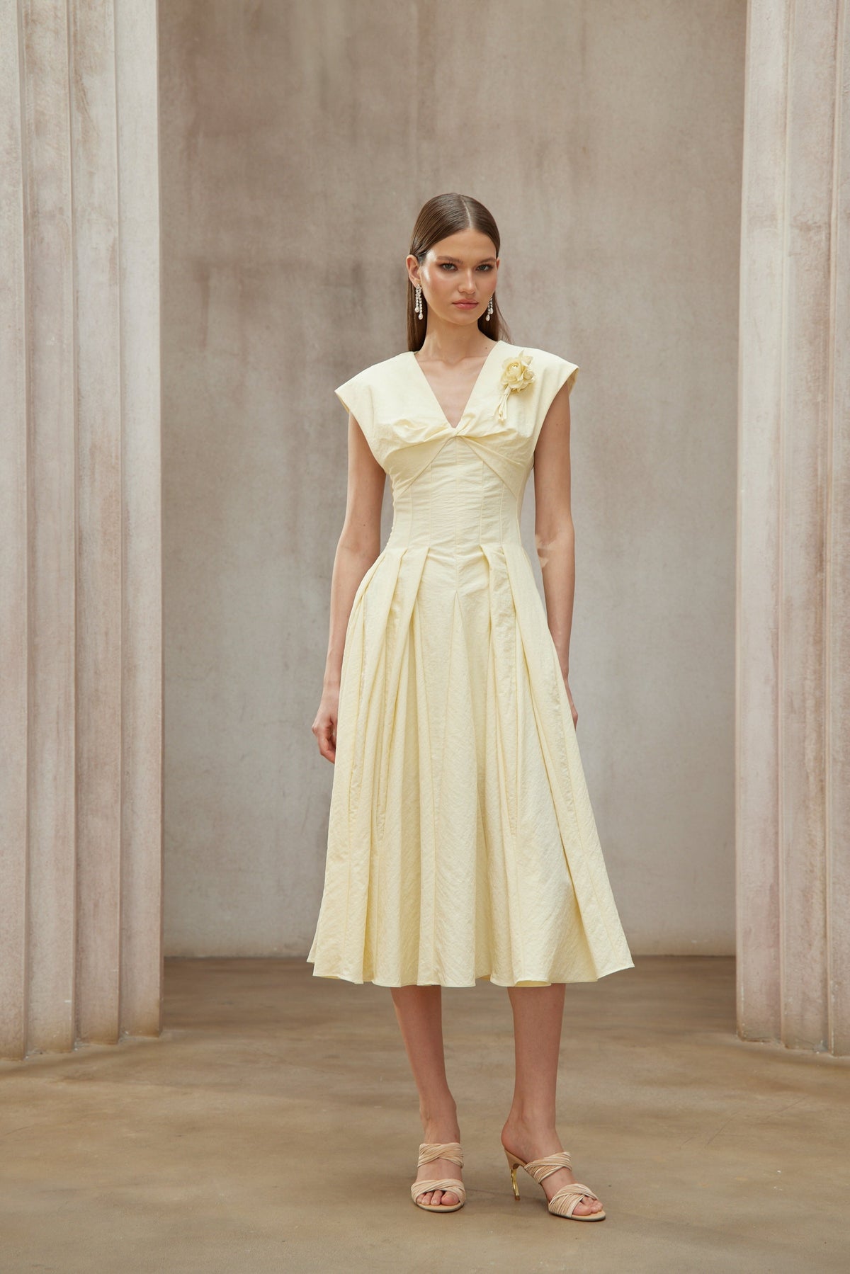 Amelie Yellow Petal Brooch Midi Dress