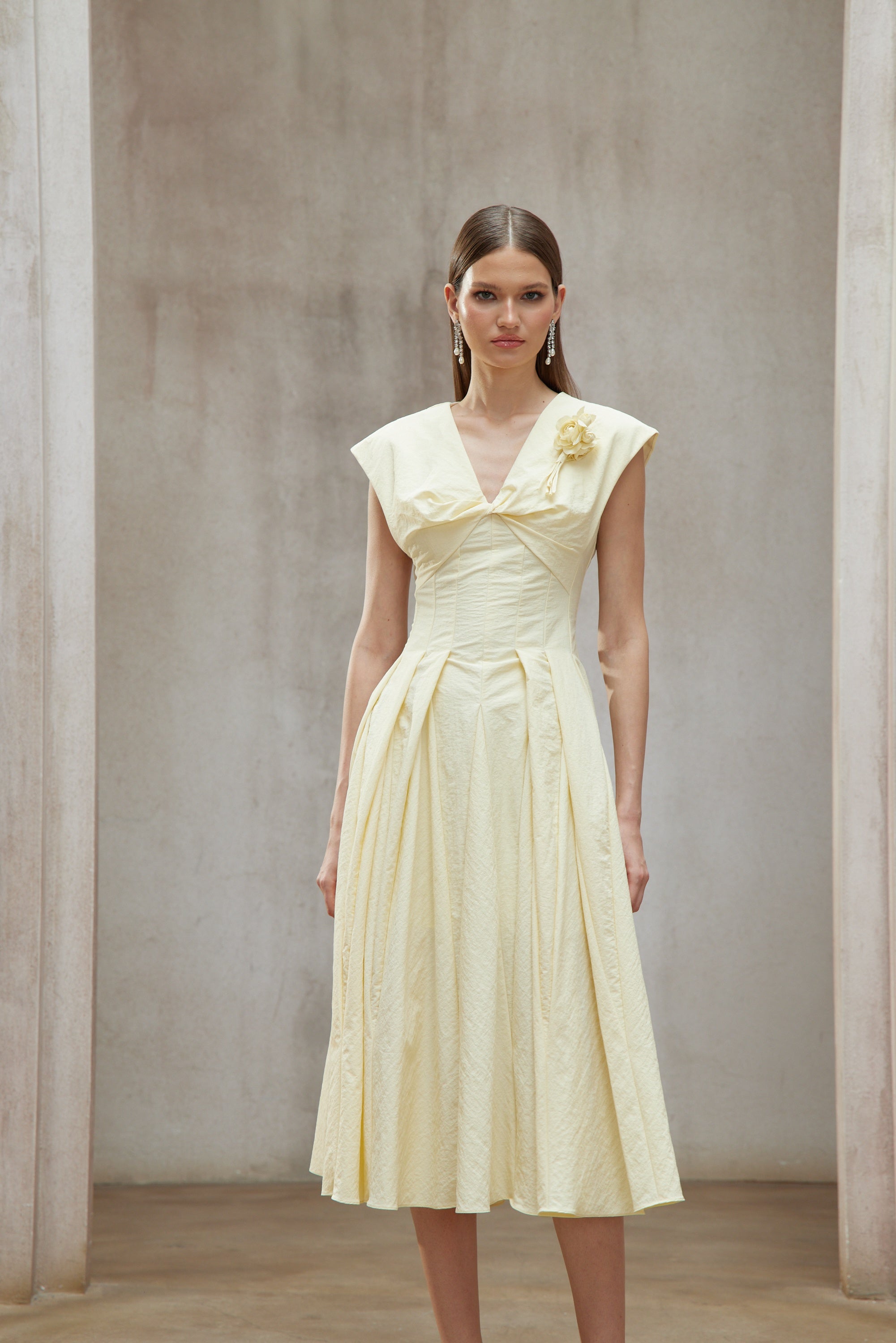 Amelie Yellow Petal Brooch Midi Dress