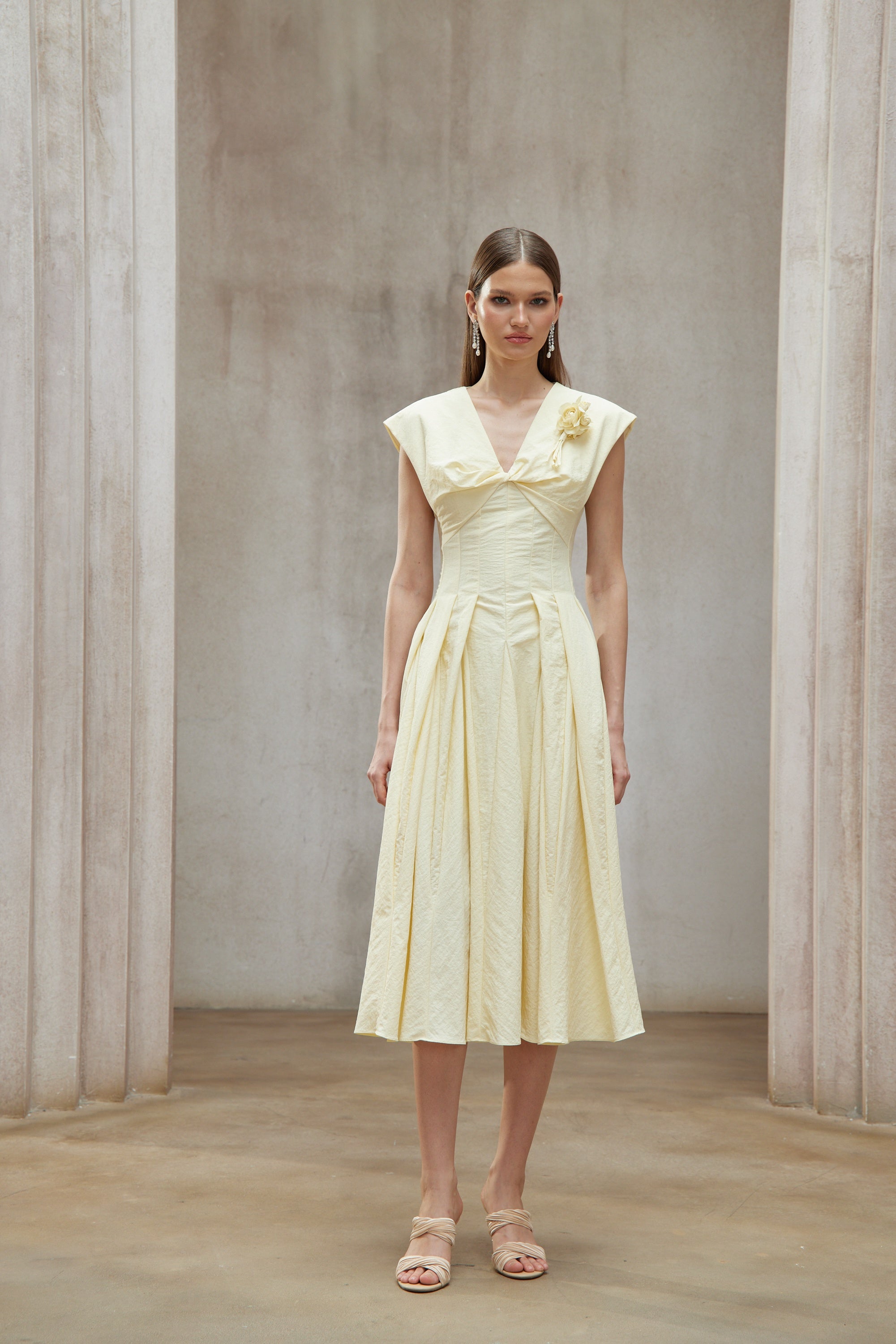 Amelie Yellow Petal Brooch Midi Dress