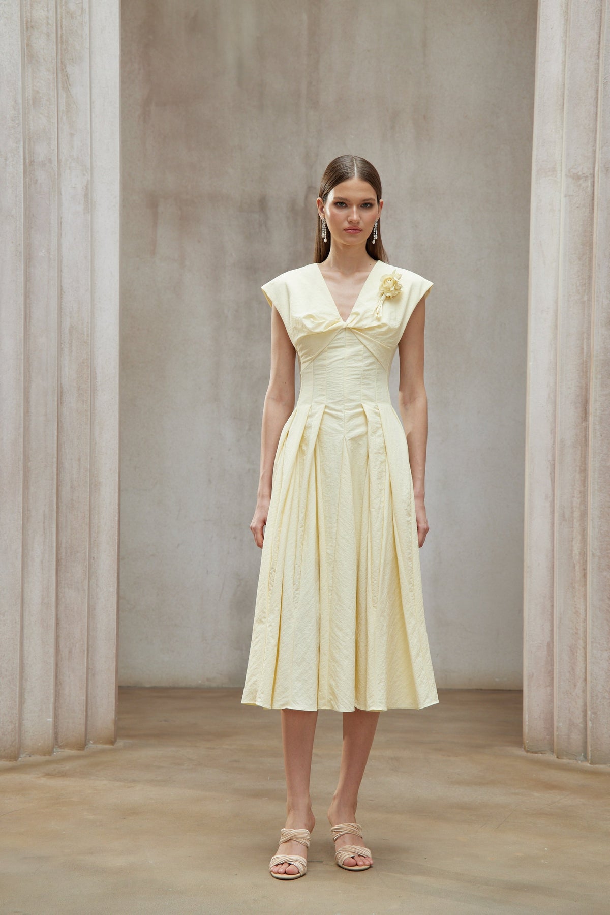 Amelie Yellow Petal Brooch Midi Dress