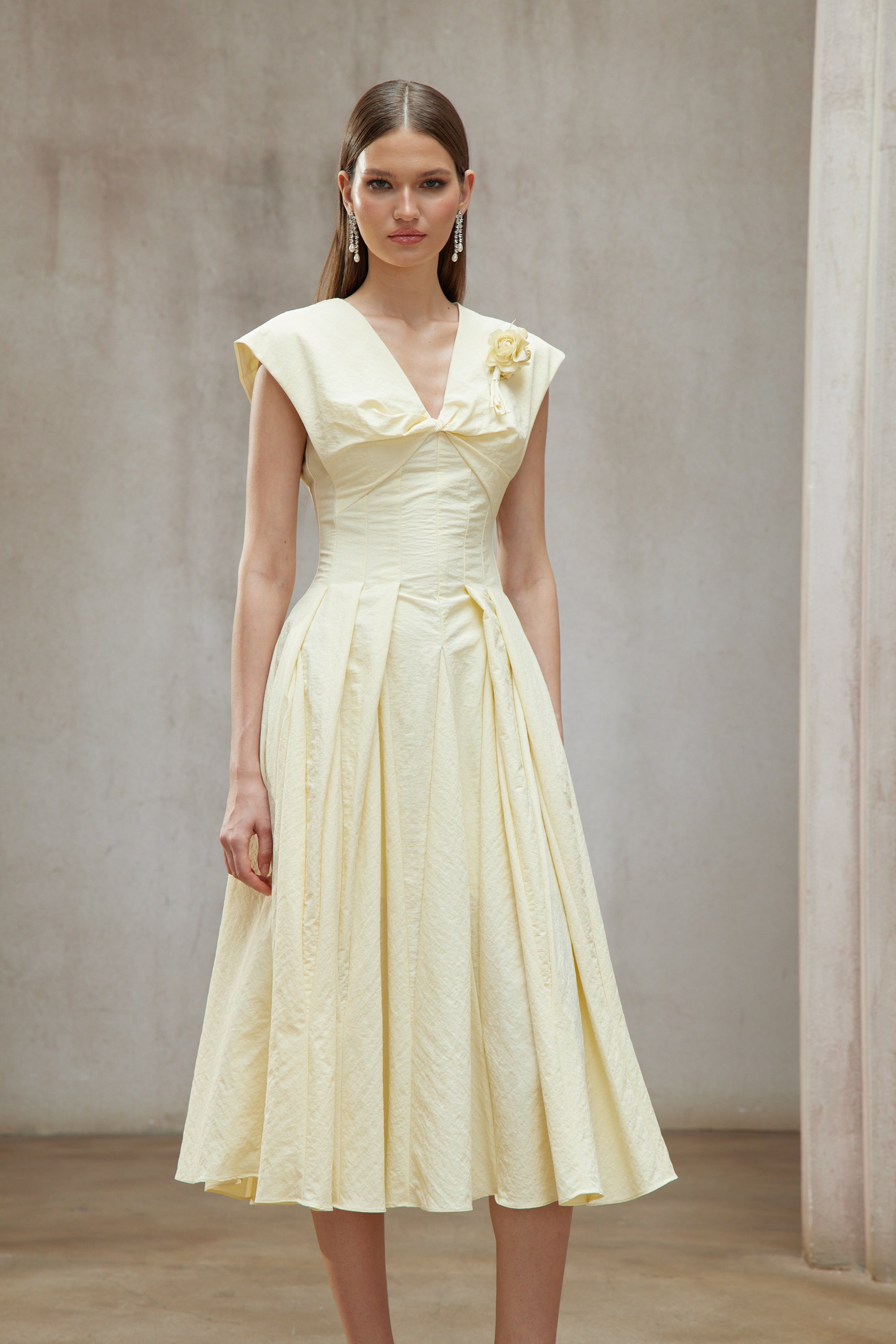 Amelie Yellow Petal Brooch Midi Dress