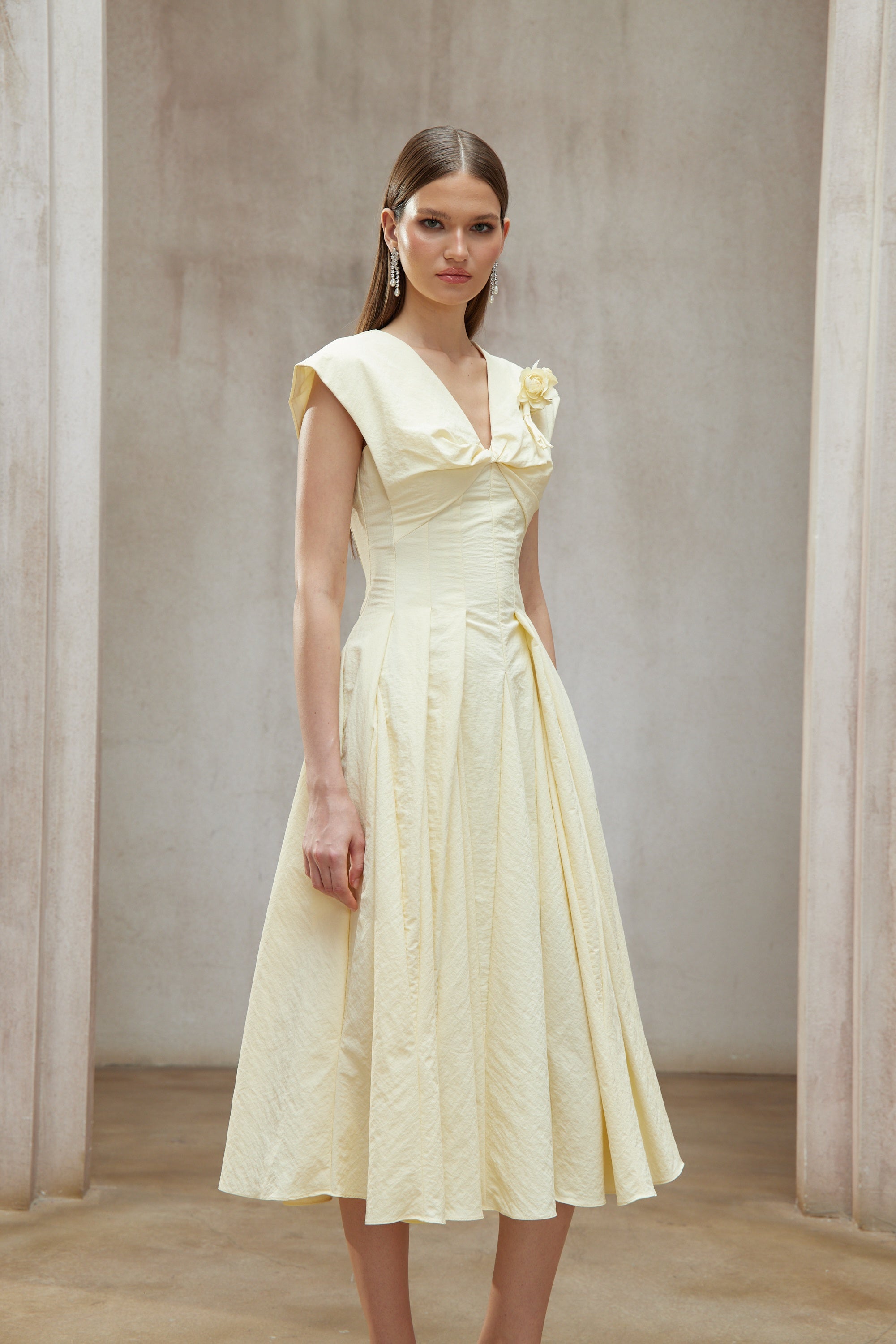 Amelie Yellow Petal Brooch Midi Dress