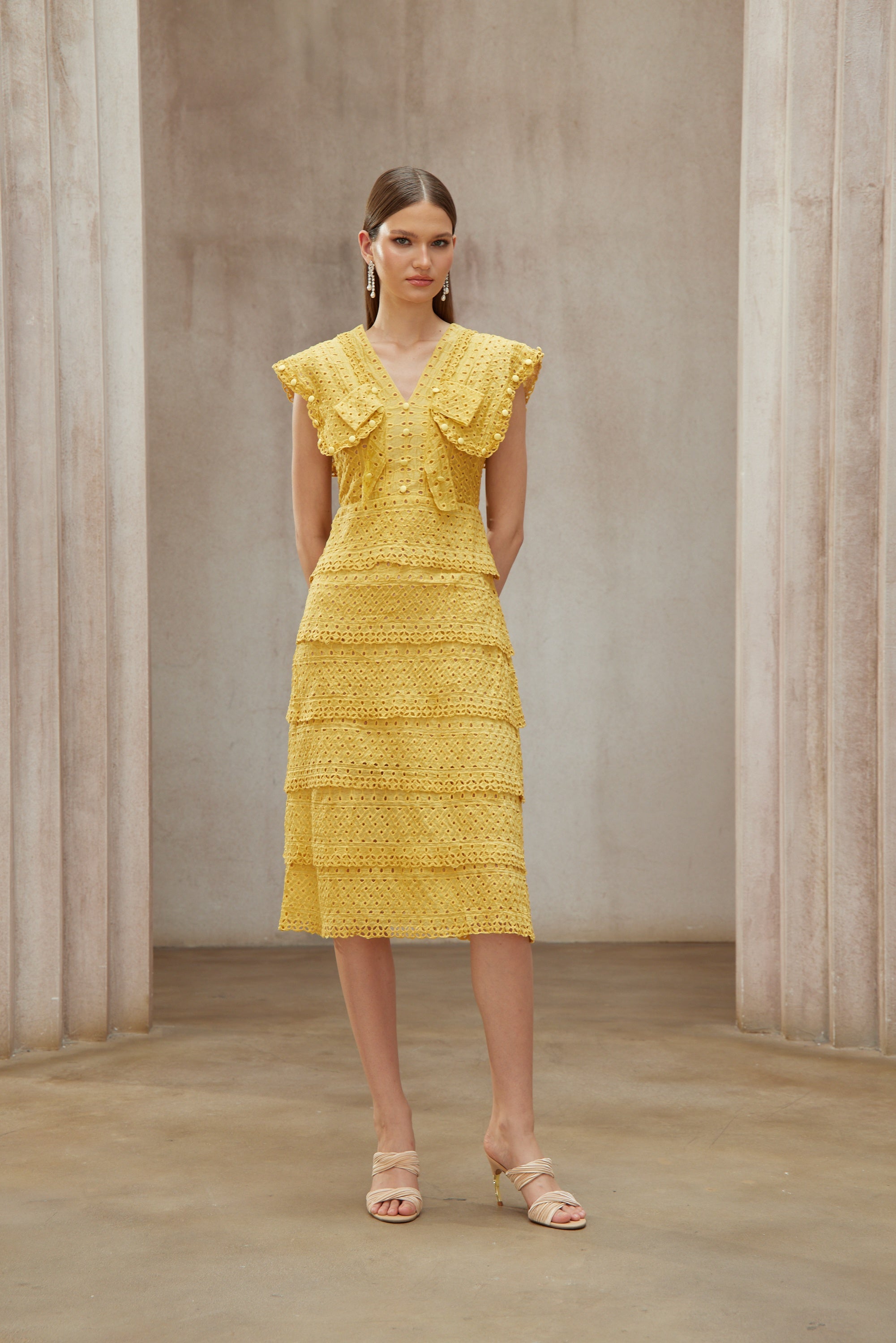 Fidji Yellow Layered Embroidered Midi Dress