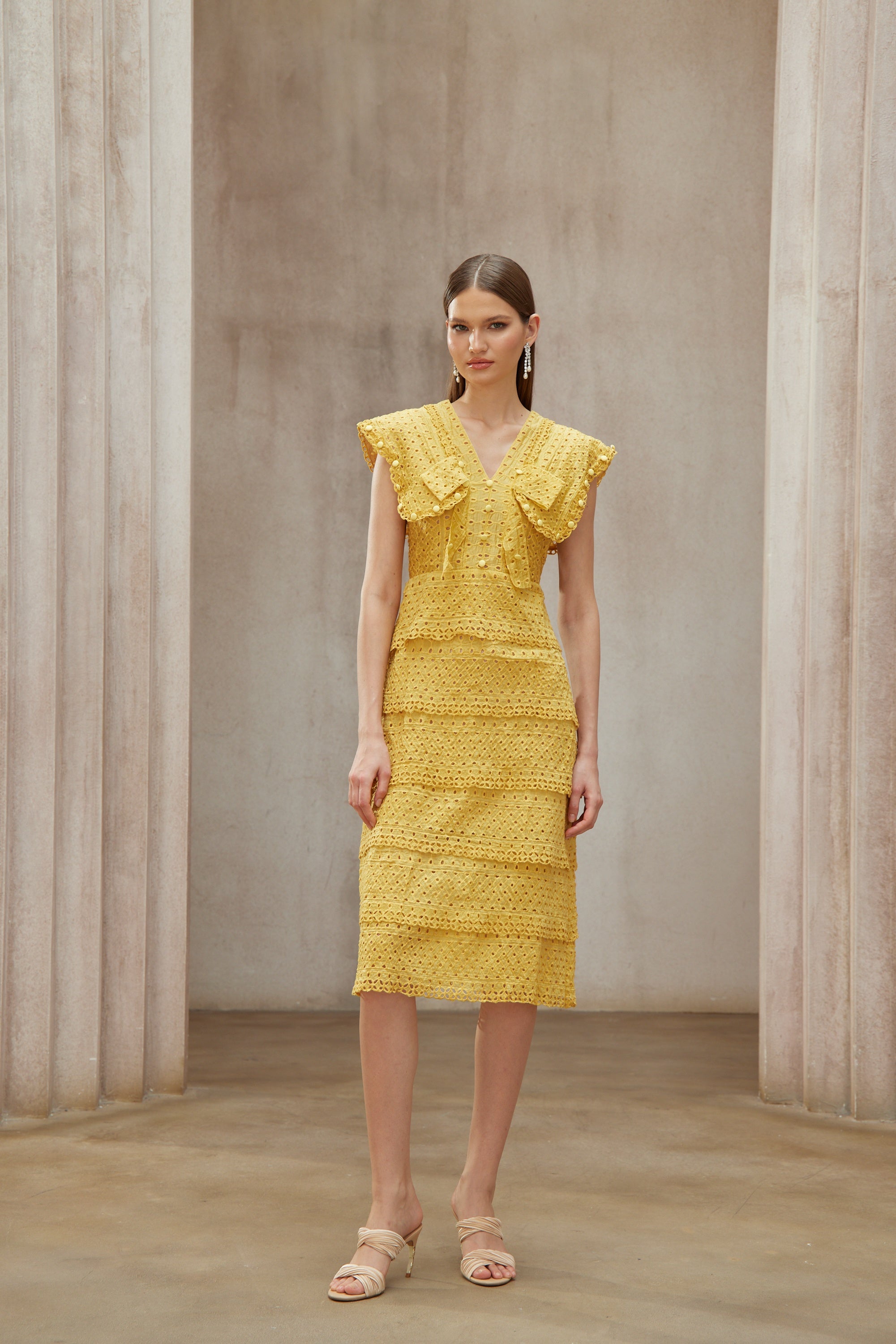 Fidji Yellow Layered Embroidered Midi Dress