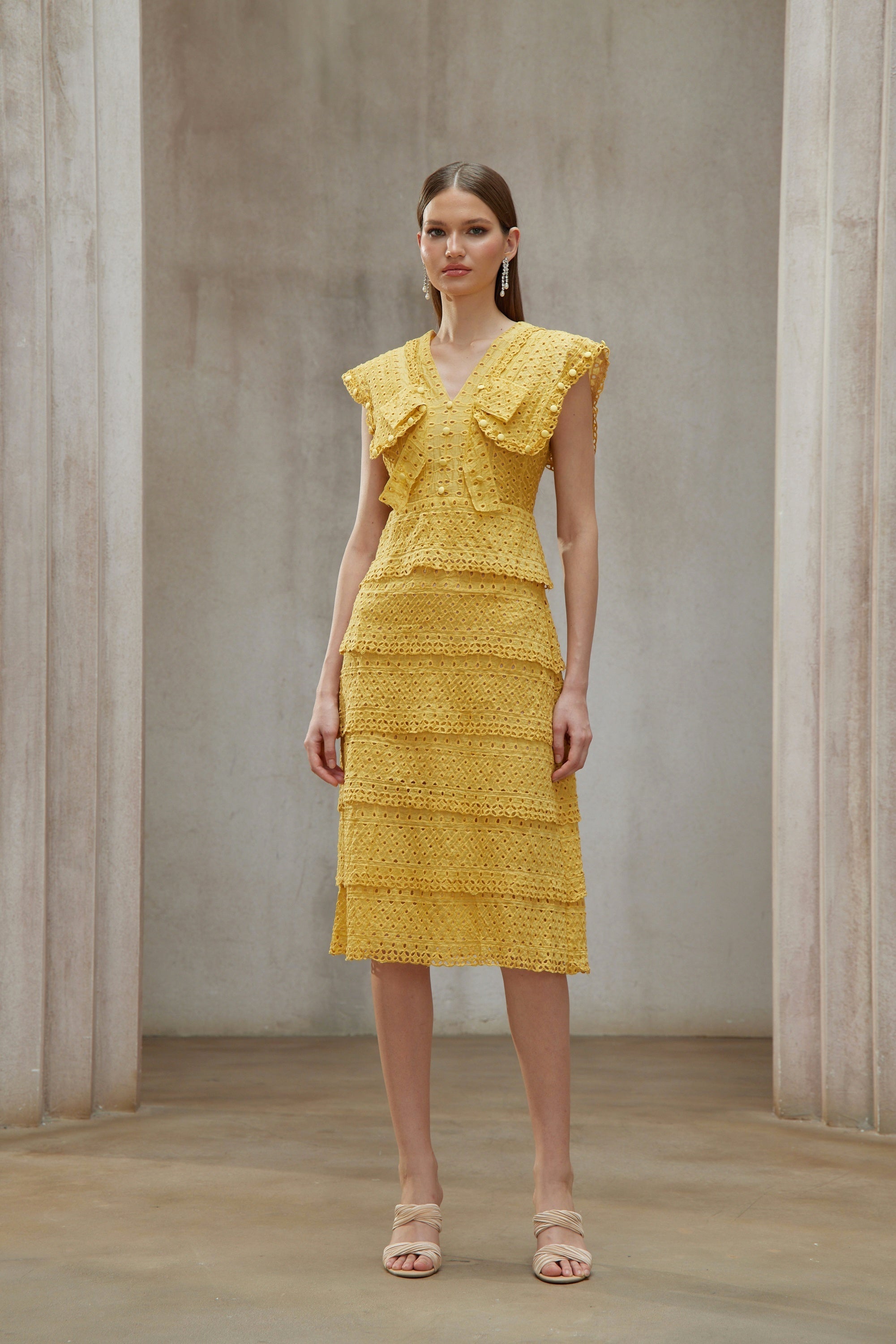 Fidji Yellow Layered Embroidered Midi Dress