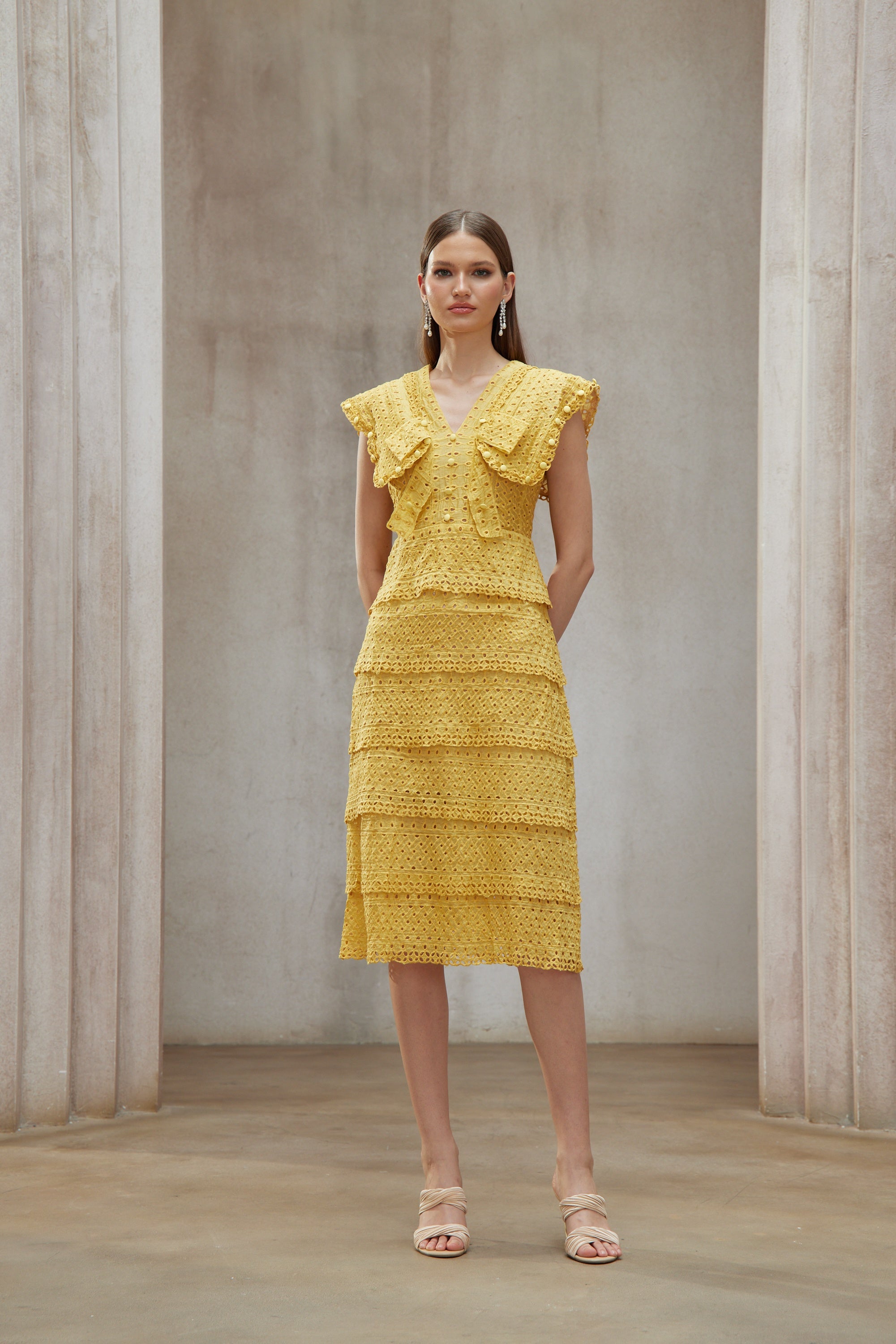 Fidji Yellow Layered Embroidered Midi Dress