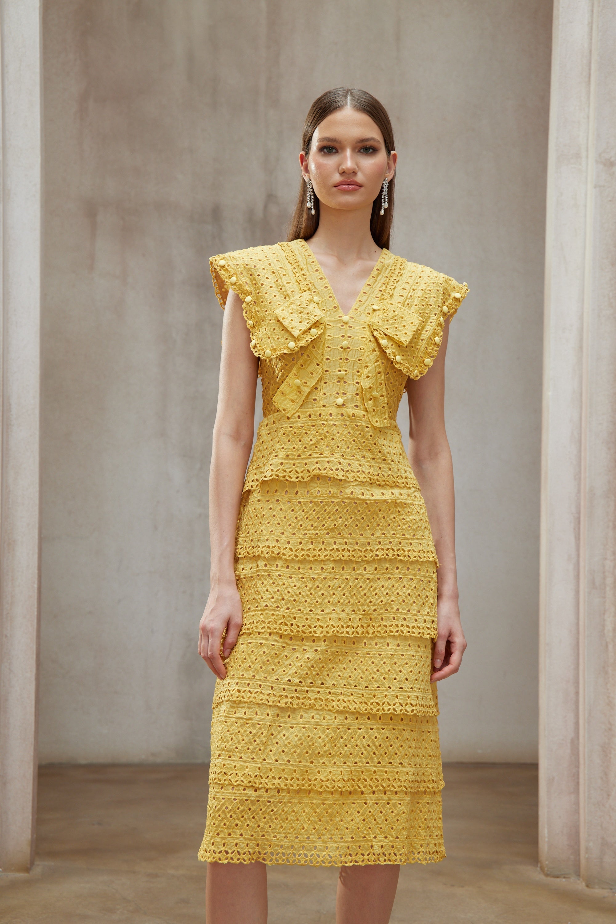 Fidji Yellow Layered Embroidered Midi Dress