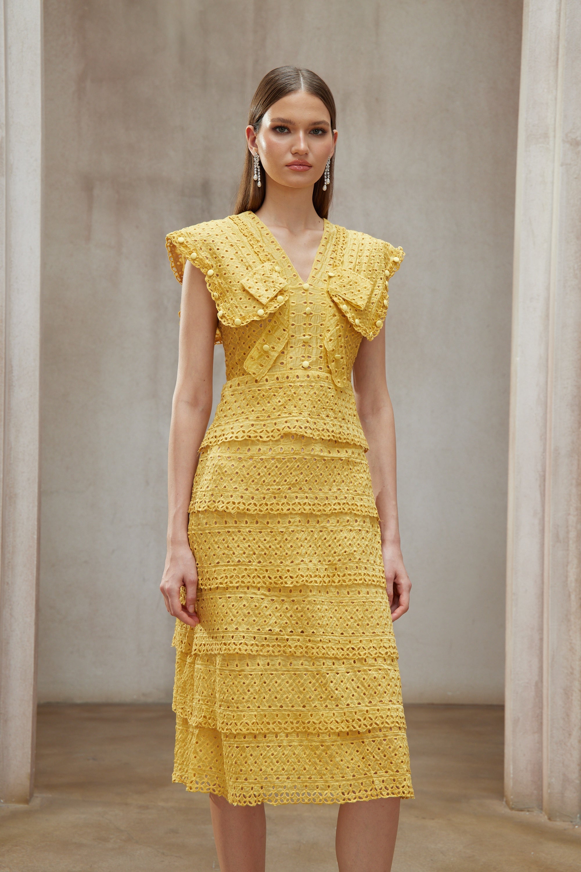 Fidji Yellow Layered Embroidered Midi Dress