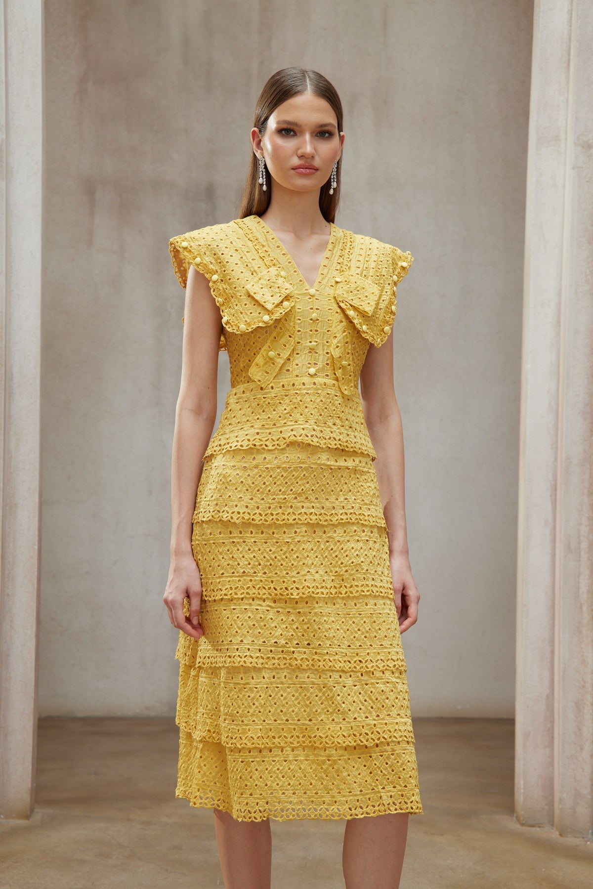 Fidji Yellow Layered Embroidered Midi Dress