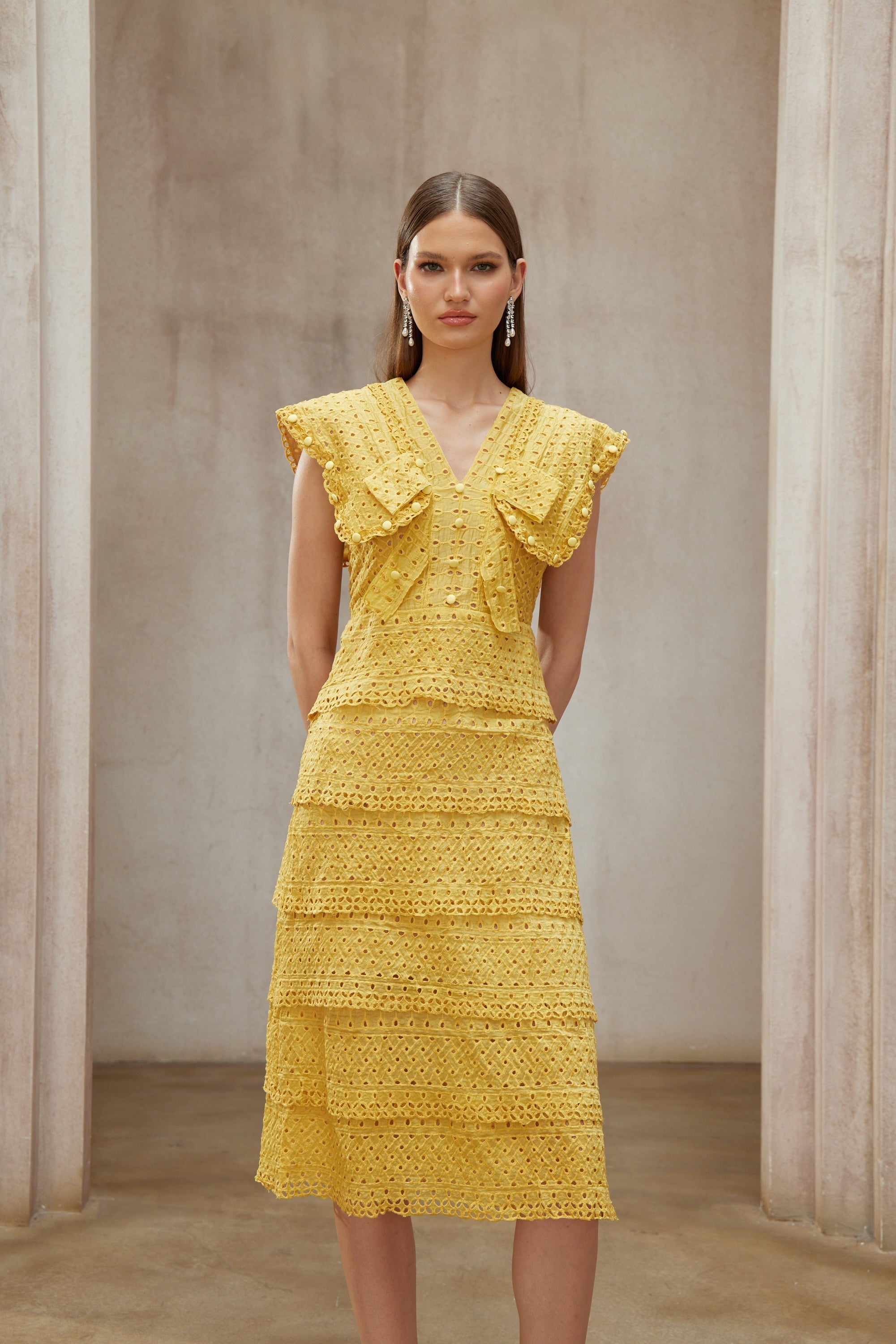 Fidji Yellow Layered Embroidered Midi Dress