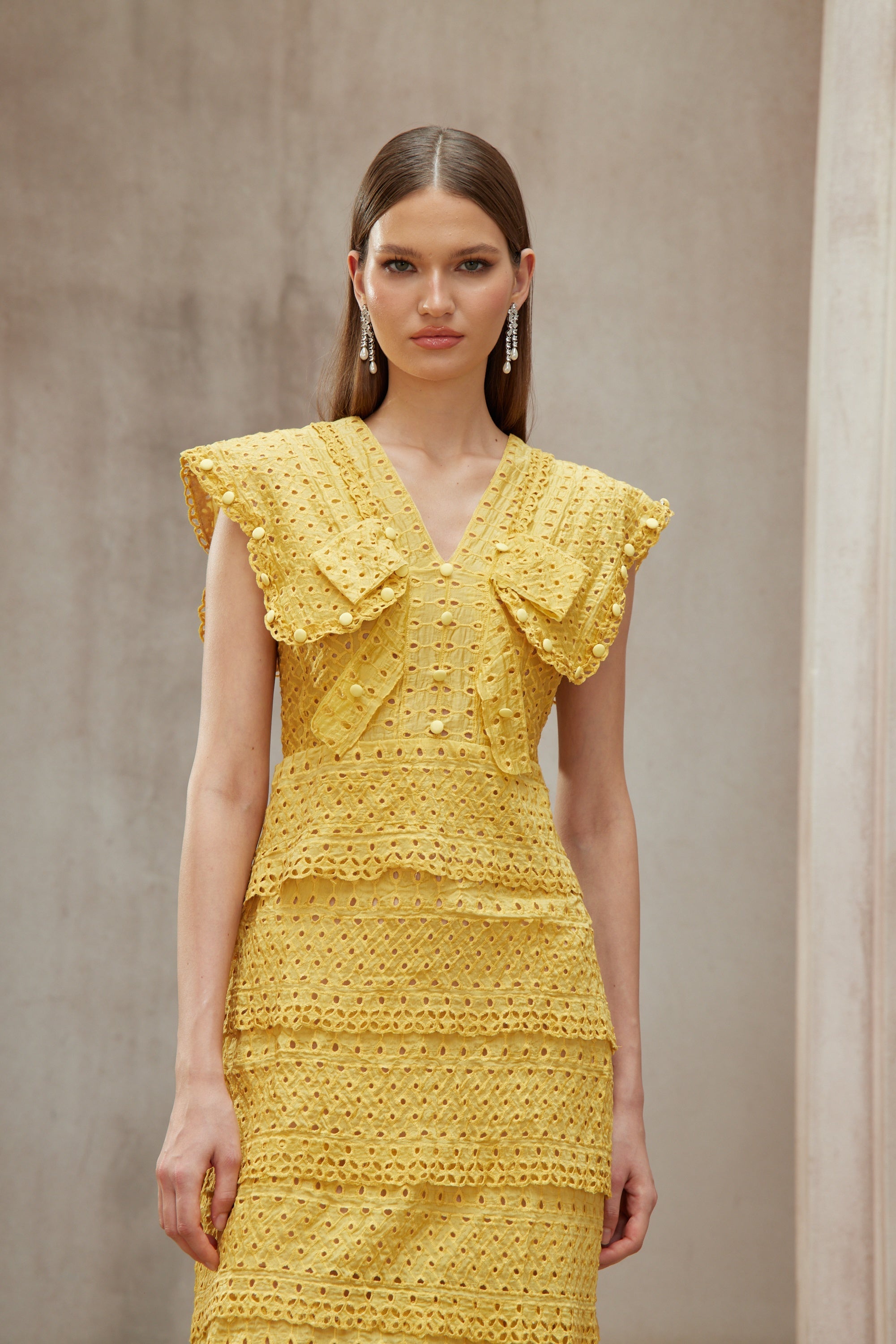 Fidji Yellow Layered Embroidered Midi Dress