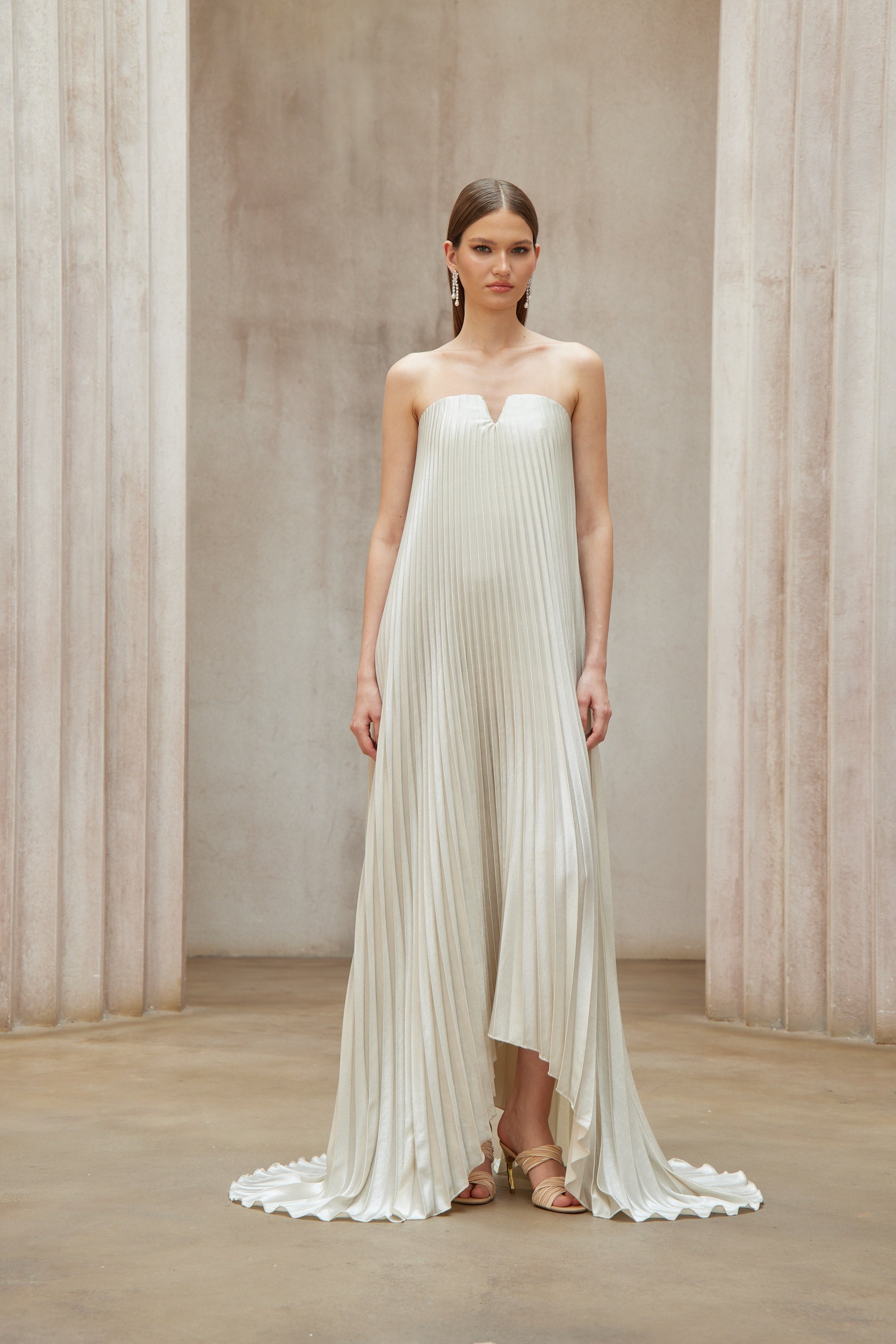 Satiné Gold Fully-pleated Maxi Dress